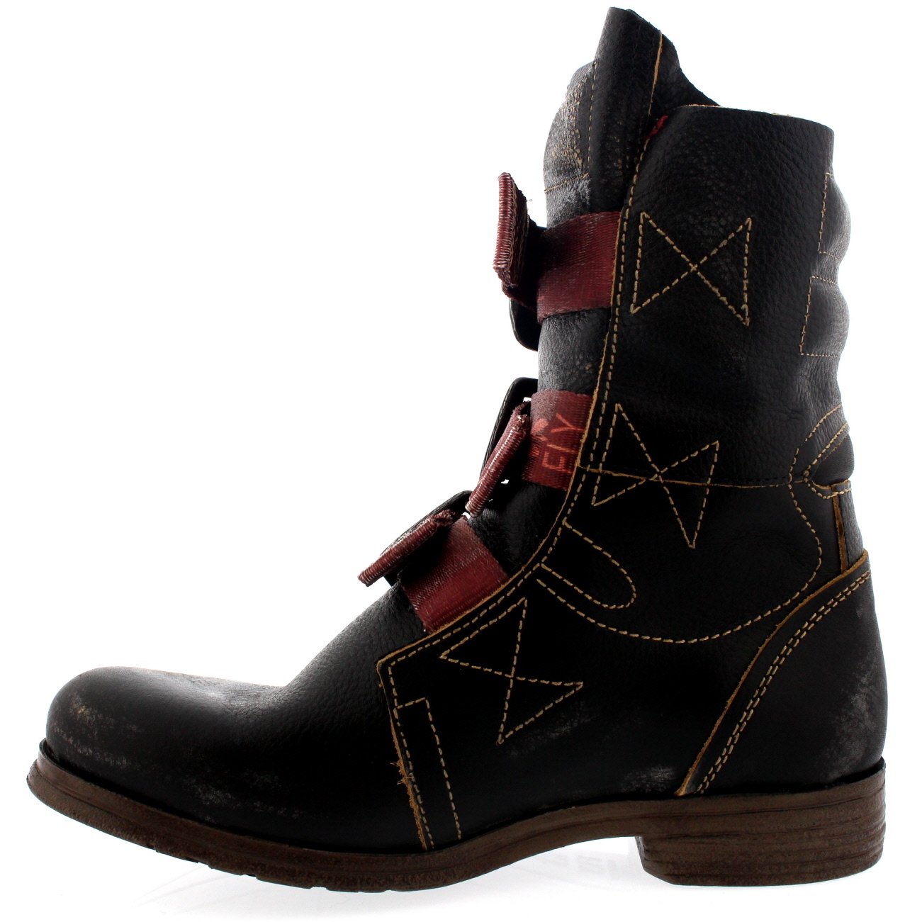 Women's Fly London Stiff Leather Pull-On Military Biker Ankle Boots with Buckle - Stylish & Comfortable for Riding, Casual Wear & Night Out