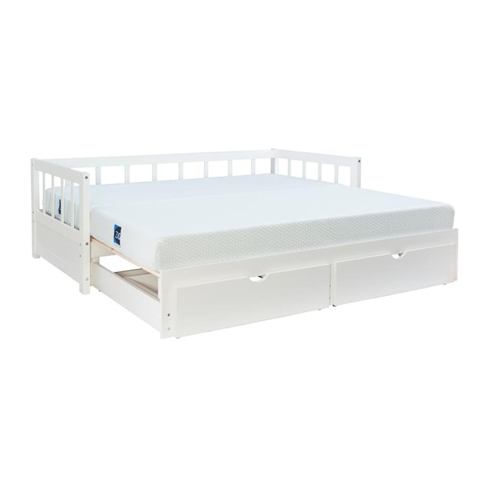 Powell Furniture Linon Macey White Wood Storage Trundle Daybed with Drawer - Perfect for Guest Room, Kids Bedroom & Small Space Living