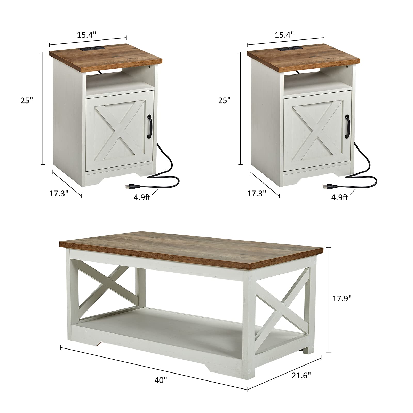 AMERLIFE 3-Piece Farmhouse Living Room Table Set with Coffee Table & 2 End Tables - USB Charging Station, Distressed White Finish - Perfect for Rustic Home Decor & Modern Entertainment Spaces