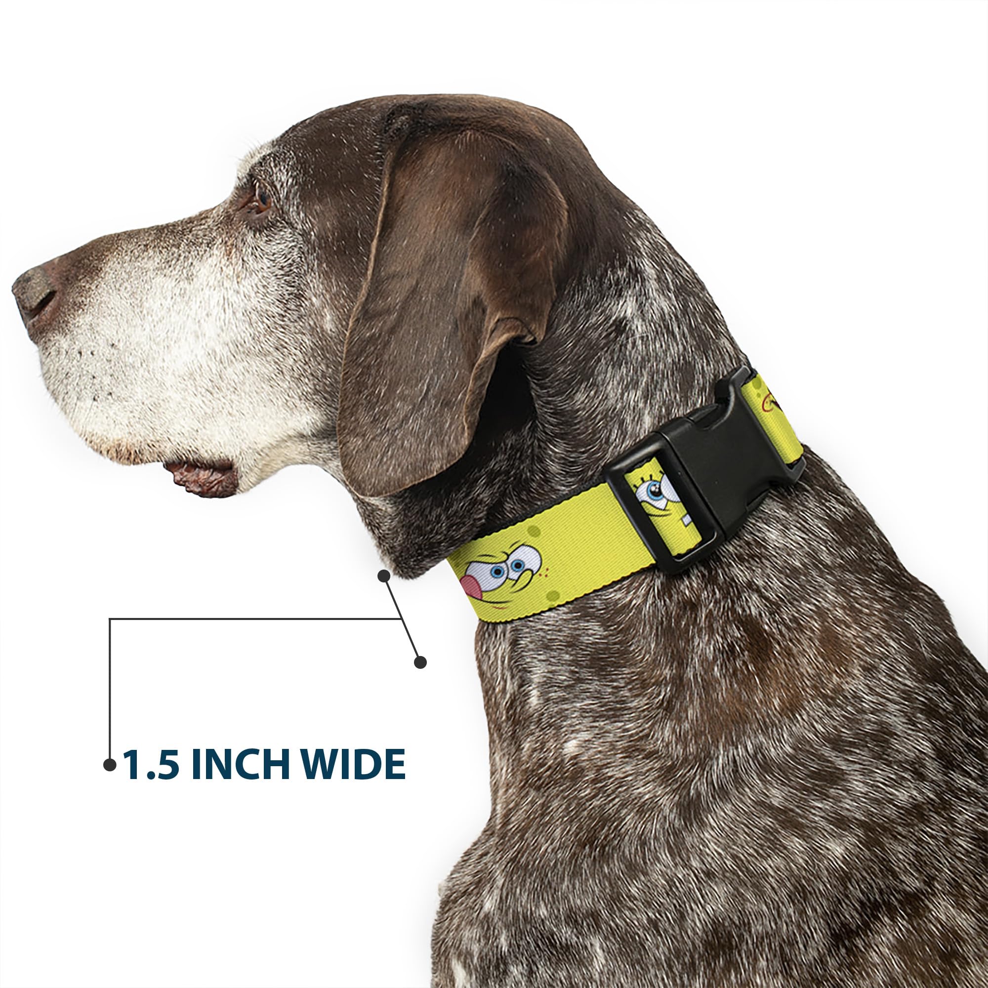Buckle-Down Spongebob Expressions Dog Collar - 1.5 Inch Wide Adjustable Nylon Pet Collar (13-18 Inches) - Fun Cartoon Design for Small to Medium Dogs - Perfect for Daily Walks & Costume Parties