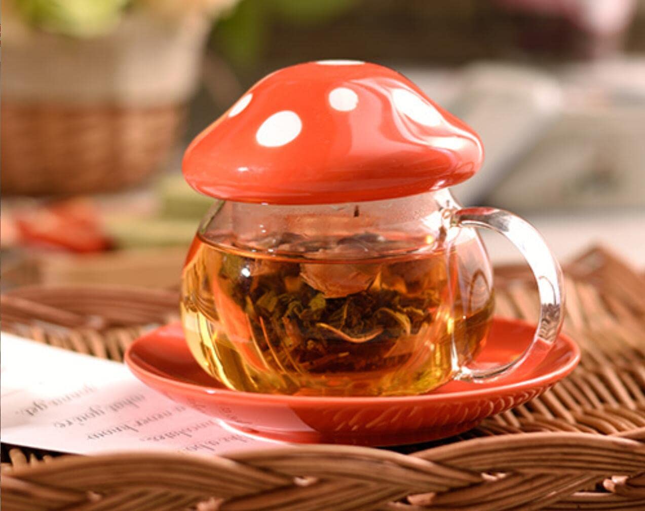 Cute Mushroom Glass Tea Mug Set with Strainer Filter Infuser - 290ML Orange Milk Coffee Tea Cup & Teapot - Perfect for Home, Office, and Gift Giving