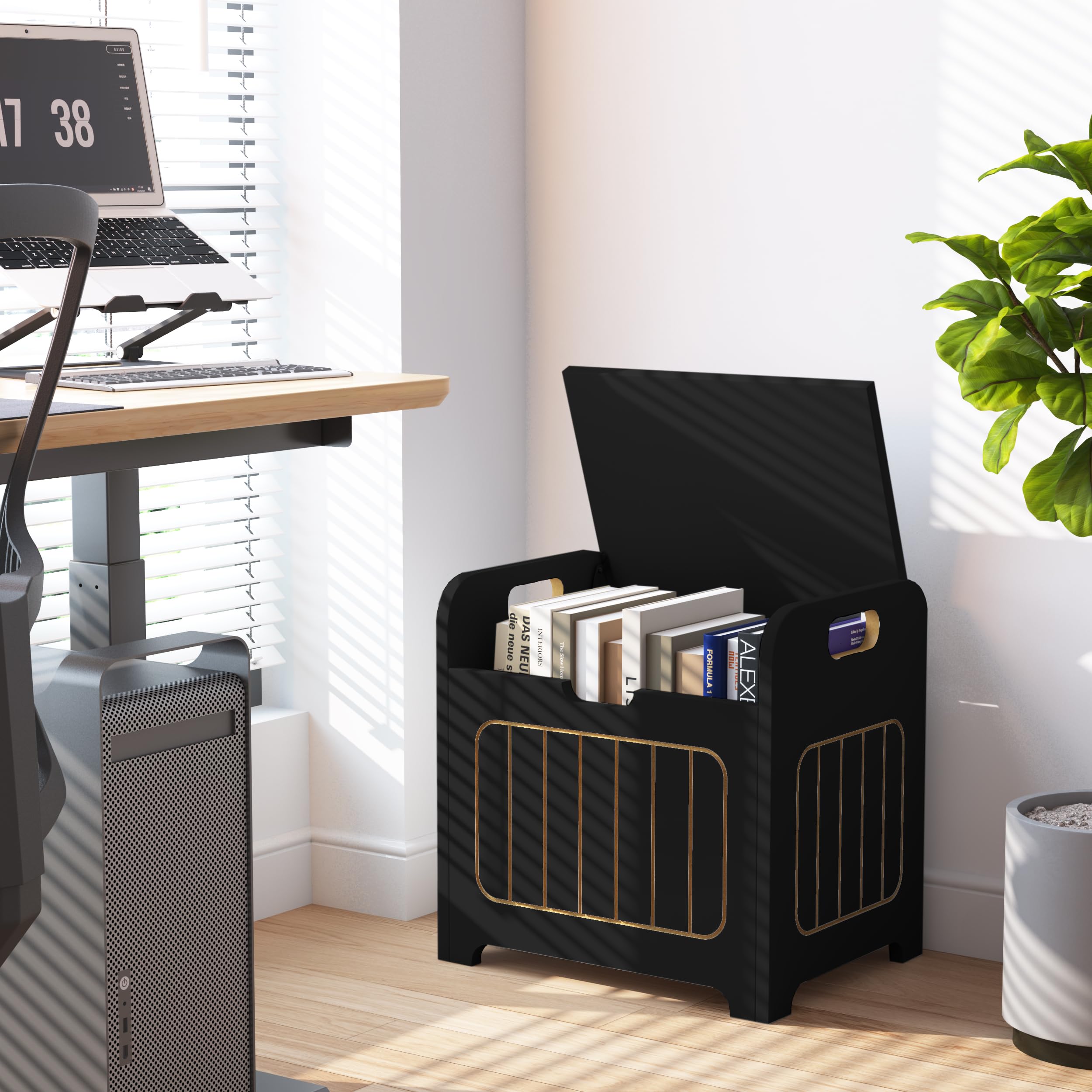 **Black Wooden Kids Storage Chest with Handle - Small Cube Toy Organizer Box for Books, Clothes & Toys - Perfect for Bedroom, Entryway & Nursery Organization**