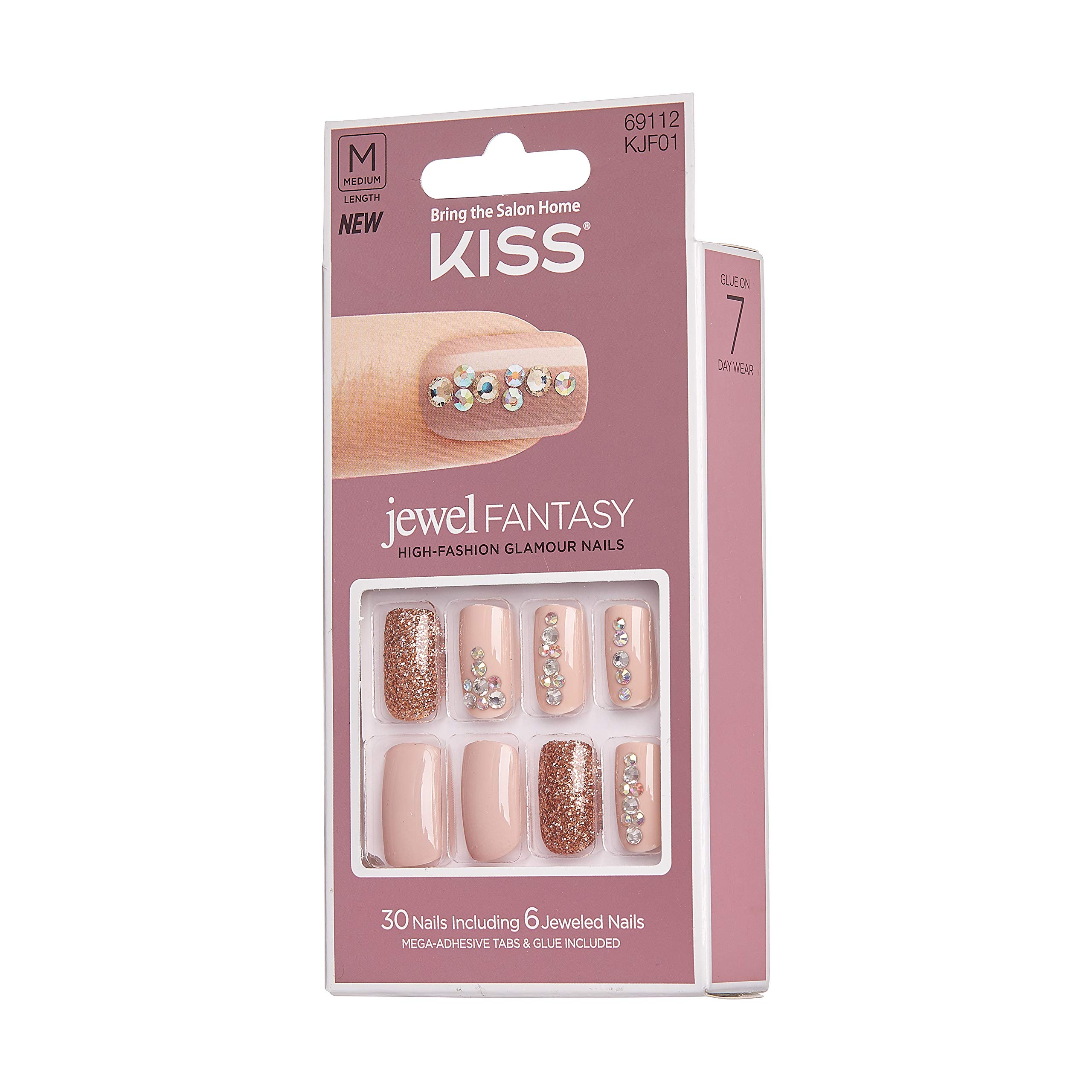 KISS Jewel Fantasy Nails - Medium Length False Nails with Rhinestones (KJF01) | Glamorous Press-On Nails for Parties, Weddings & Special Occasions