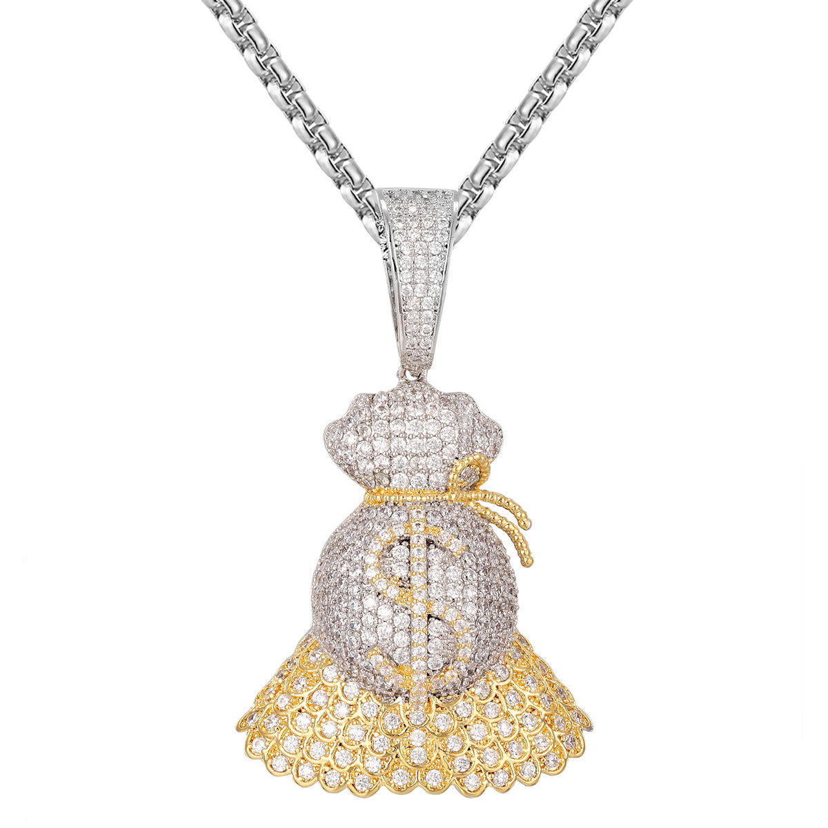2-Tone Gold Icy Money Bag Dollar Emoji Pendant Necklace Set - Perfect for Hip Hop Jewelry & Rap Fashion Accessories