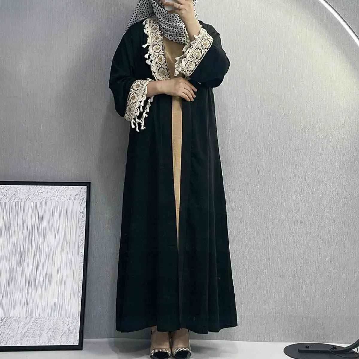 Elegant Muslim Women's Open Abaya Dress with Embroidery Tassel - Modest Cardigan for Prayer, Eid, and Special Occasions