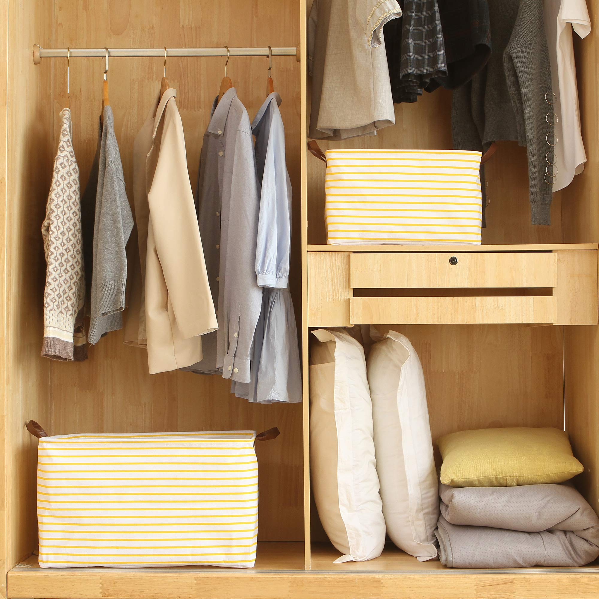 Hinwo 31L Foldable Storage Bins with Handles - Organize Clothes, Blankets & Toys (Yellow Stripe) for Home & Closet