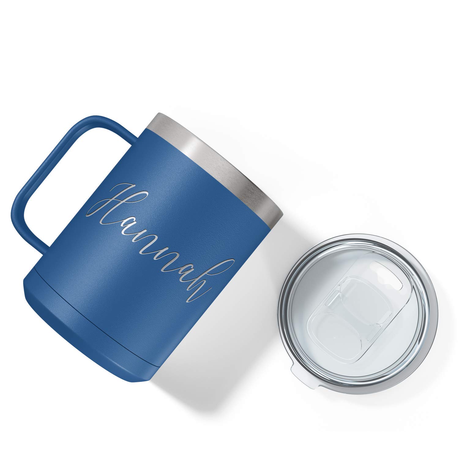 Custom Engraved 15oz Blue Matte Stainless Steel Vacuum Insulated Coffee Mug - Personalized Gift with Handle for Office, Travel & Home Use