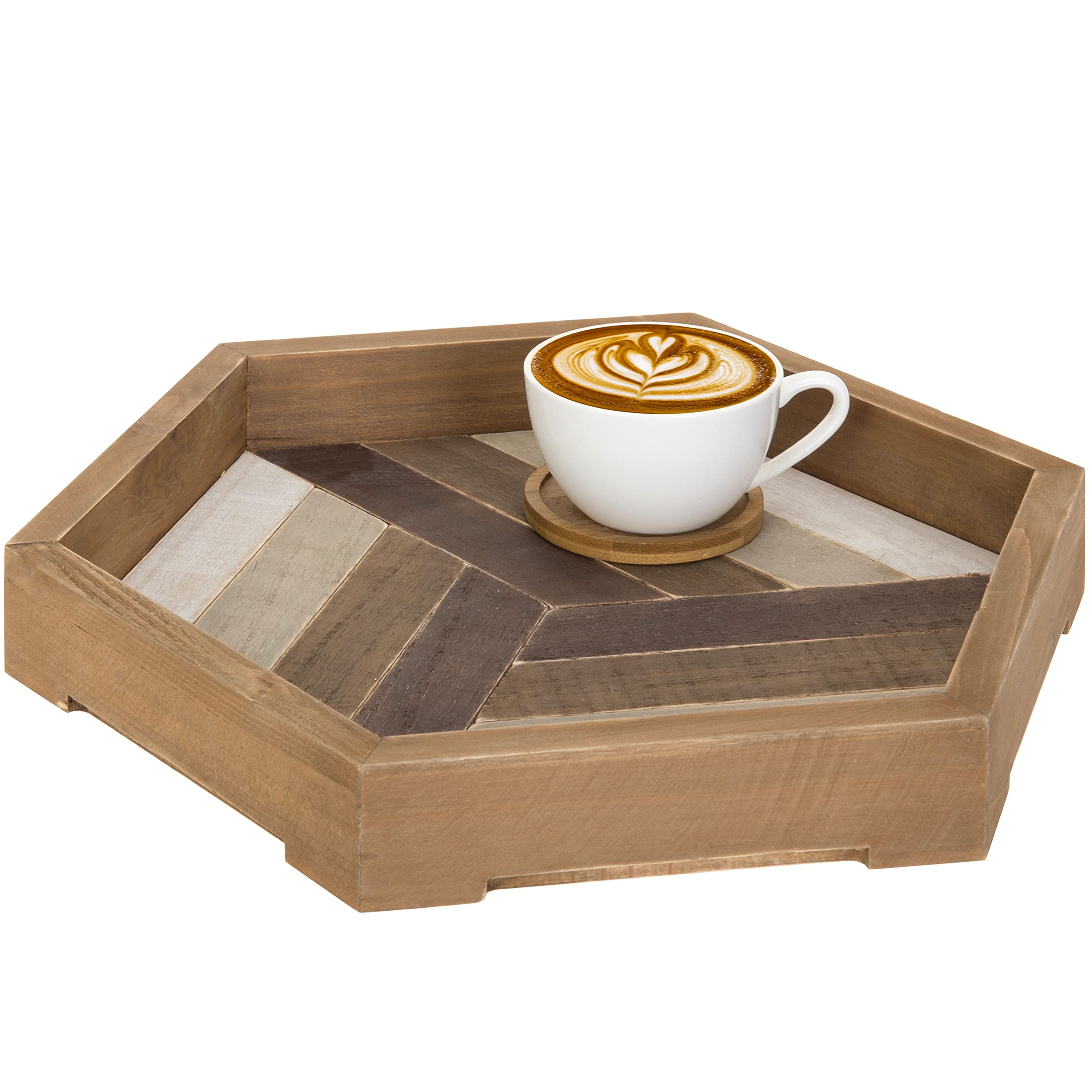MyGift 12 Inch Rustic Wood Serving Tray with Geometric Chevron Design - Decorative Ottoman Coffee Table Tray for Living Room, Bedroom & Home Decor