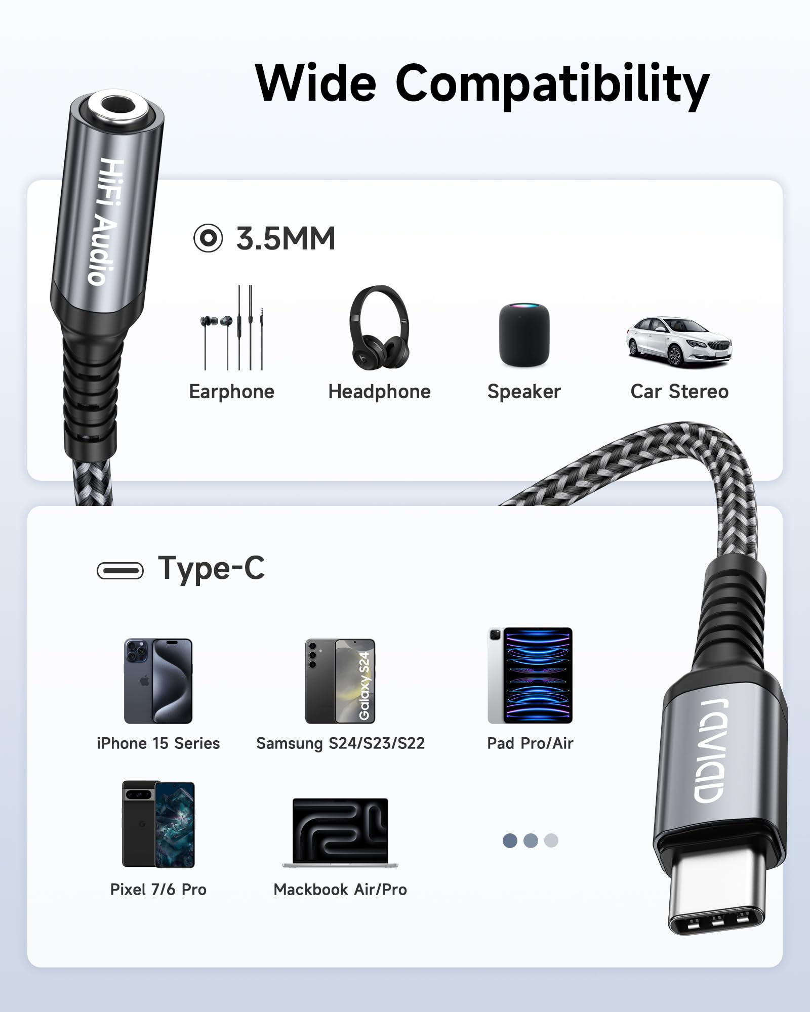 RAVIAD USB C to 3.5mm Headphone Adapter with Hi-Fi DAC Chip - Compatible with Samsung Galaxy S24/S23 Ultra, iPhone 15 Pro Max, iPad Pro/Air, Google Pixel, Xiaomi - Perfect for Music, Gaming & Calls on Phones & Tablets