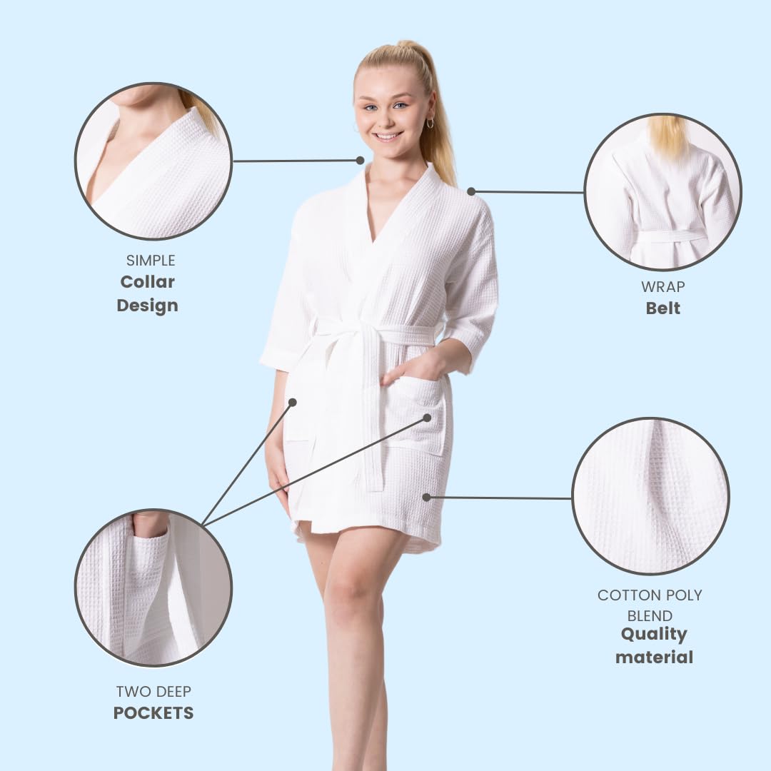 Premium Short Waffle Robe for Women & Men - Soft Cotton Polyester Blend Bathrobe with Square Weave - Lightweight Spa Robe for Lounge, Beach Cover-Up & Hotel Style Relaxation