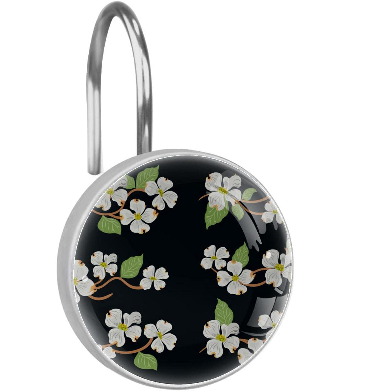 Decorative Shower Curtain Hooks with Dogwood Floral Pattern - Rustproof Bathroom Accessories for Modern Farmhouse or Cottage Style Decor