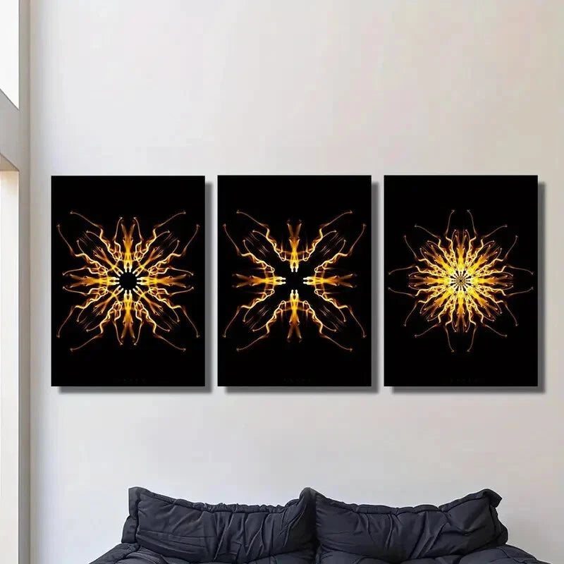 3-Piece Abstract Psychedelic Golden Kaleidoscope Metal Wall Art - Ready to Hang Modern Home Decor for Living Room, Bedroom & Office
