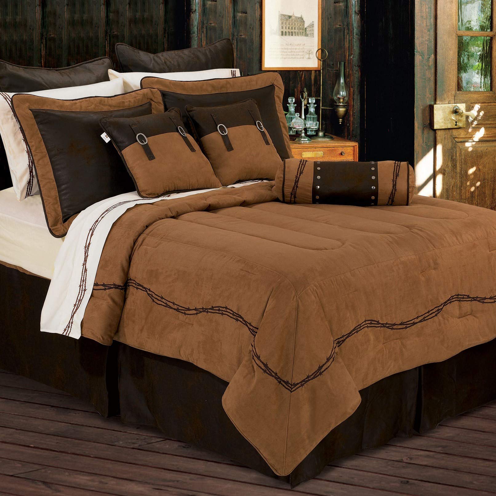 HiEnd Accents Barbwire Rustic Western 7-Piece Faux Suede Comforter Set - Full Size, Tan Brown | Western Bedroom Decor, Cowboy Theme Home Decor, Ranch Style Bedding