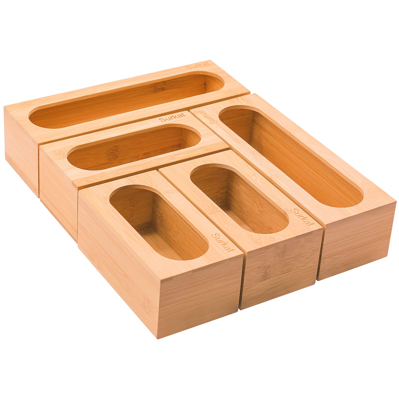 Surkat Bamboo Ziplock Bag Organizer - 5 Compartment Drawer Storage for Gallon, Quart, Sandwich & Snack Bags | Kitchen & Pantry Organization Solution for Food Storage & Meal Prep