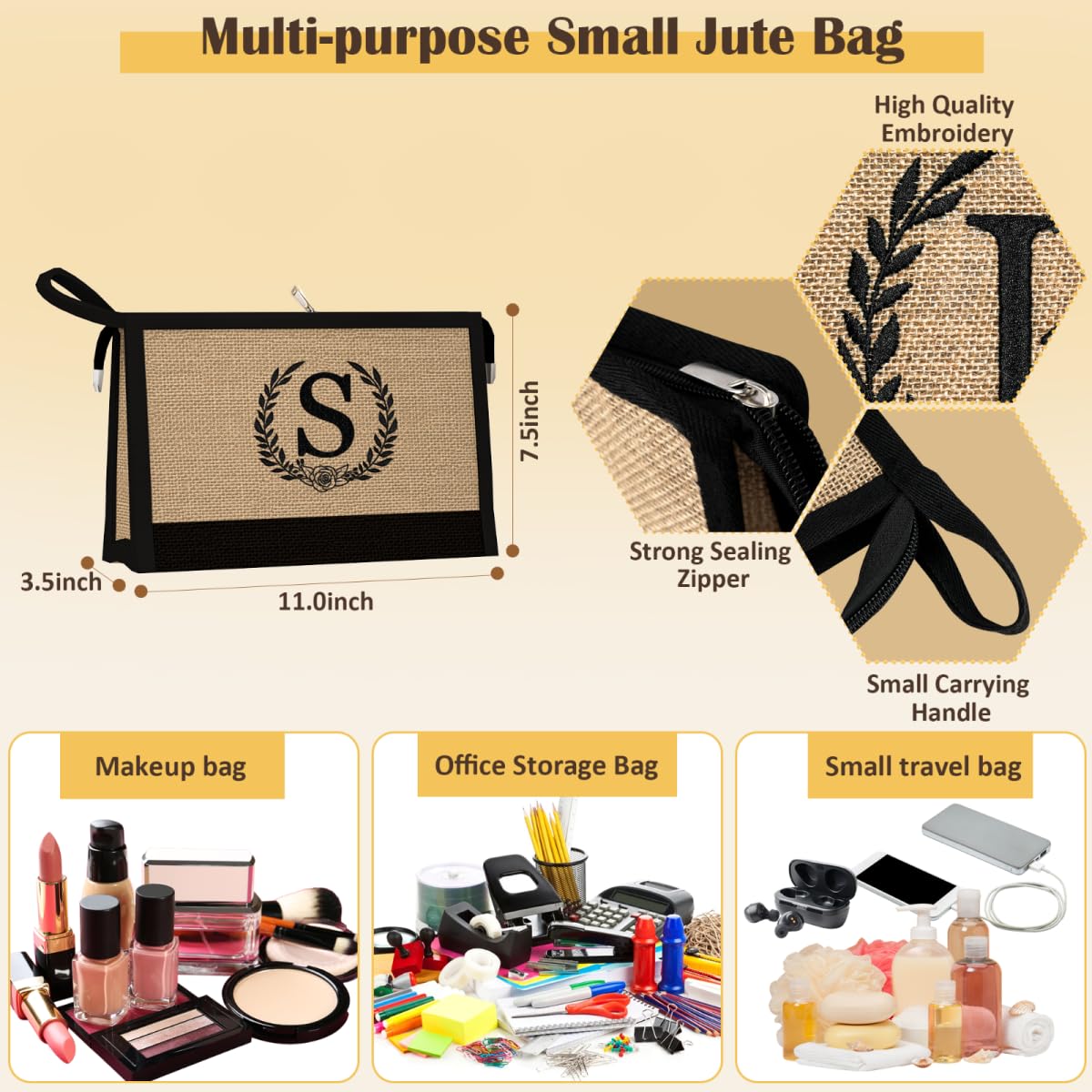 Personalized Initial Canvas Tote Bag with Zipper - Waterproof Makeup Bag, Beach Bag for Women - Great Mother's Day Gift for Mom & Grandma - Perfect for Travel, Shopping & Daily Use