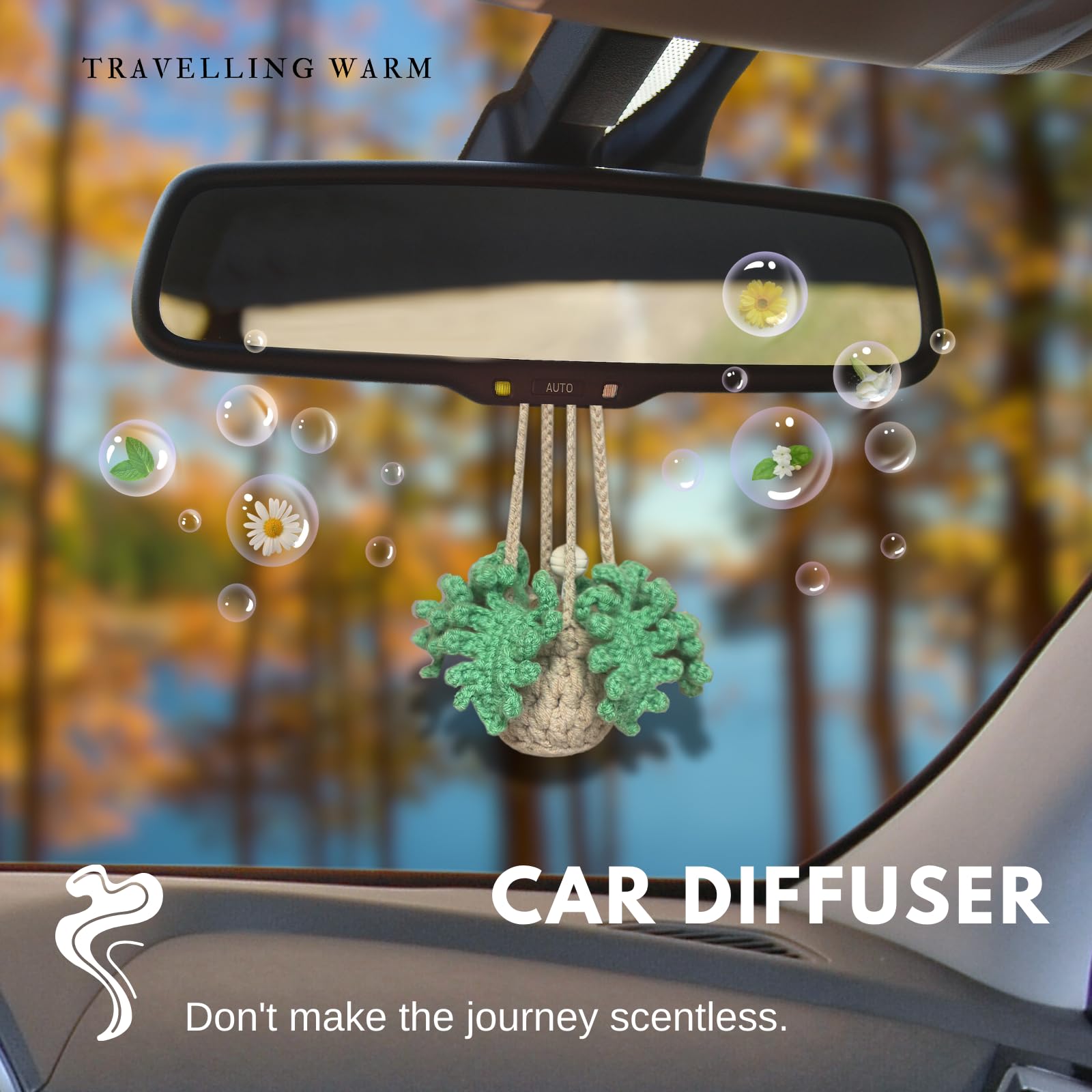 Handmade Crochet Car Air Freshener - Bendable Fern Plant with 8ml Refillable Essential Oil Diffuser | Car Rearview Mirror Hanging Decor, Home & Office Aromatherapy | Perfect for Gifts, Vehicle Accessories, and Relaxation Spaces