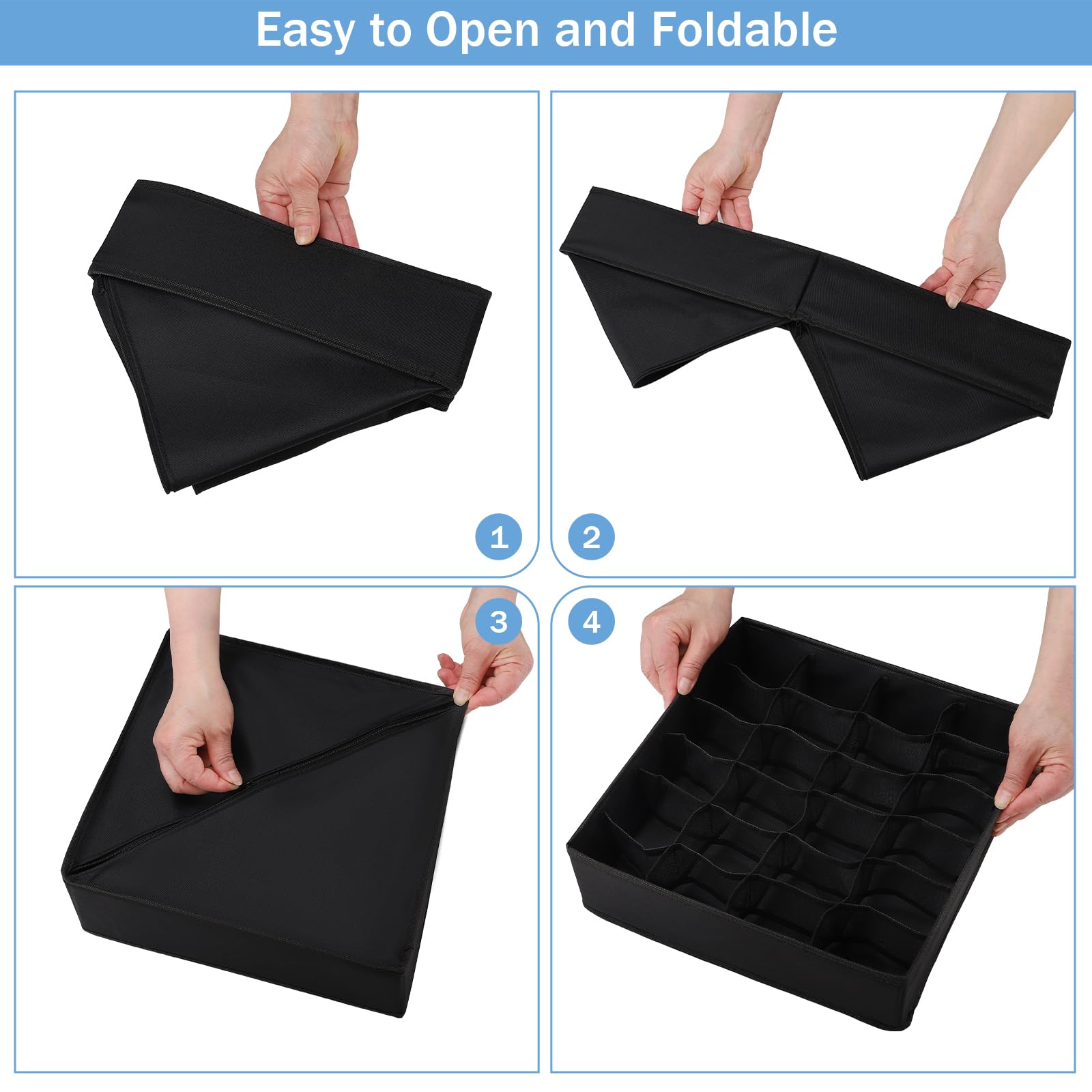 Foldable Fabric Storage Cubes - 24-Cell Underwear Organizer Drawer Dividers for Lingerie, Socks & Ties | Under Cabinet Closet Organizer (Black) | Perfect for Bedroom, Closet & Travel Storage