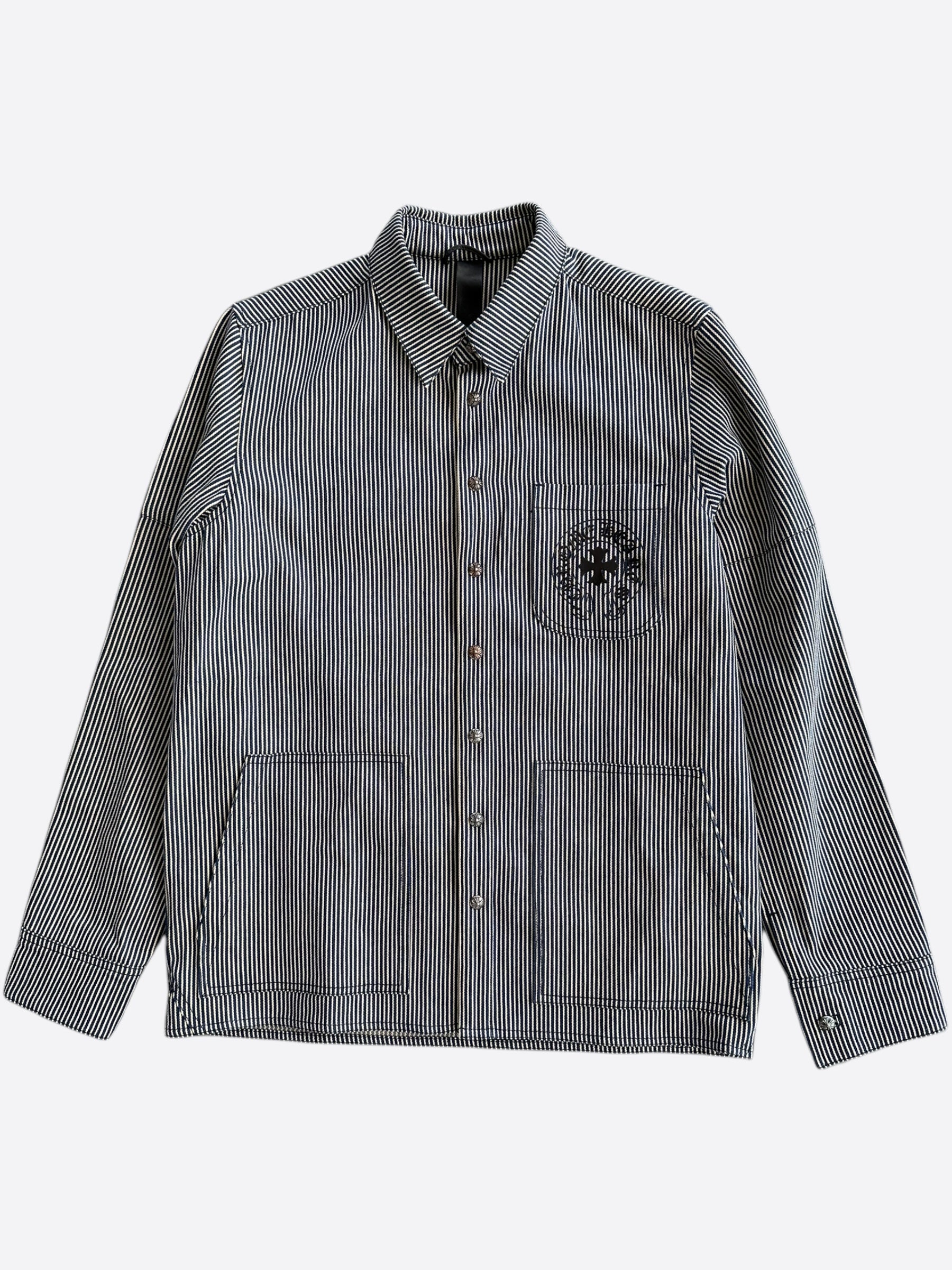 Chrome Hearts Blue & White Pinstripe Button-Up Shirt for Men - Stylish Casual & Business Wear - Perfect for Office, Date Night & Special Occasions