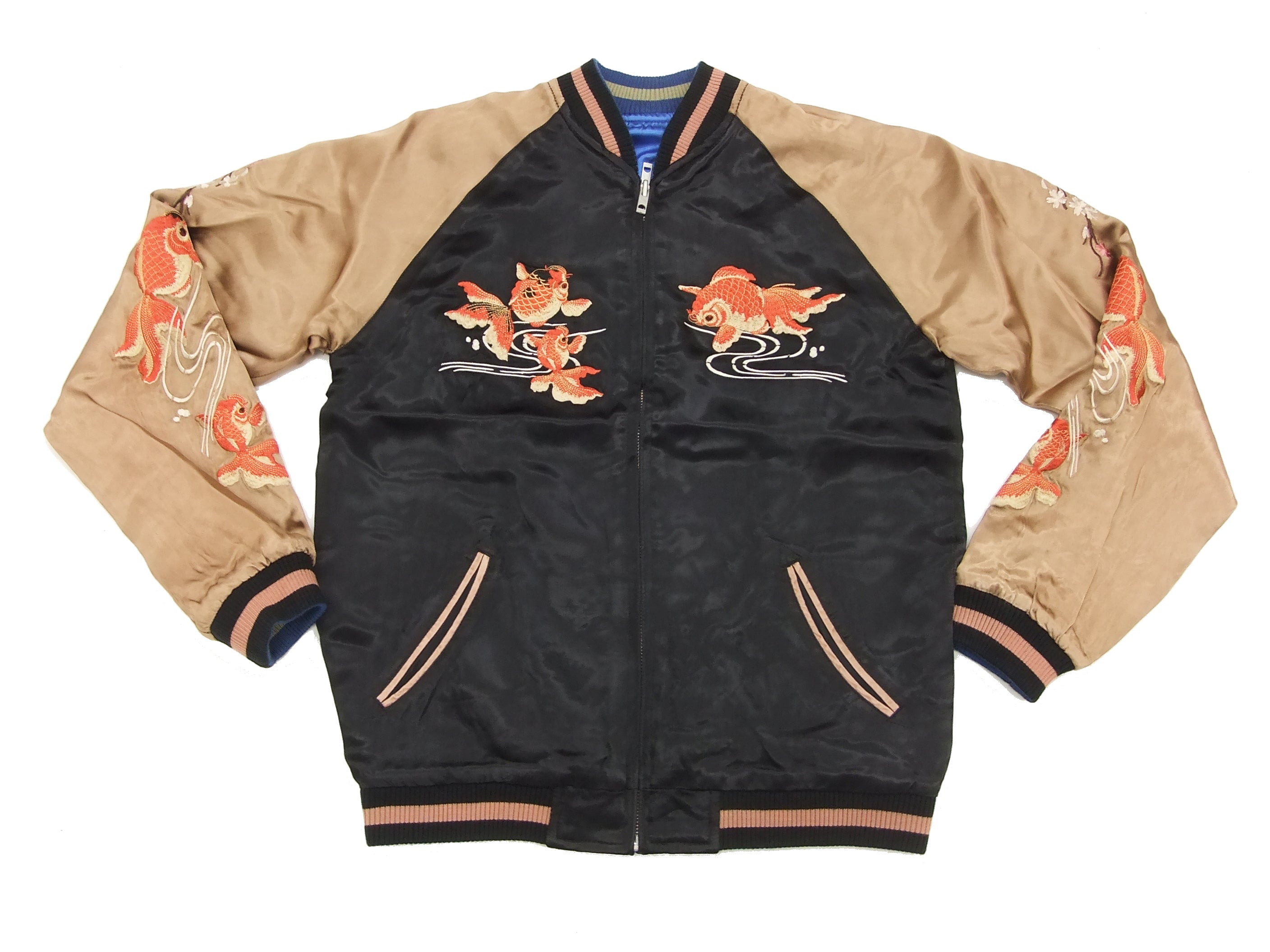 Hanatabi Gakudan Men's Japanese Souvenir Jacket - Vintage Goldfish Sukajan Bomber with Script Design SSJ 501 | Perfect for Streetwear, Cosplay & Japanese Fashion Enthusiasts