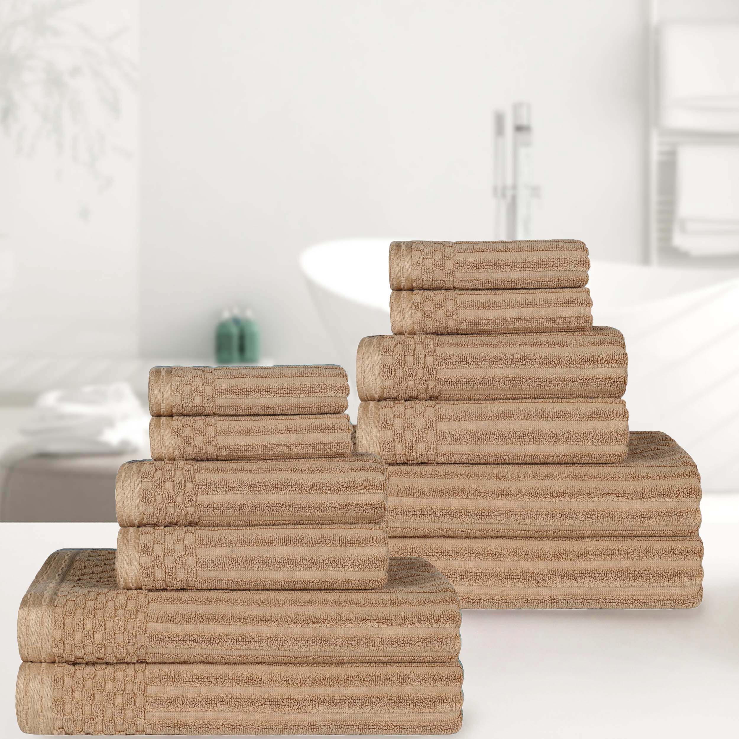 Premium 12-Piece Ribbed Textured Cotton Towel Set - Medium Weight Bath & Hand Towels for Spa, Guest Bathroom & Luxury Home Decor