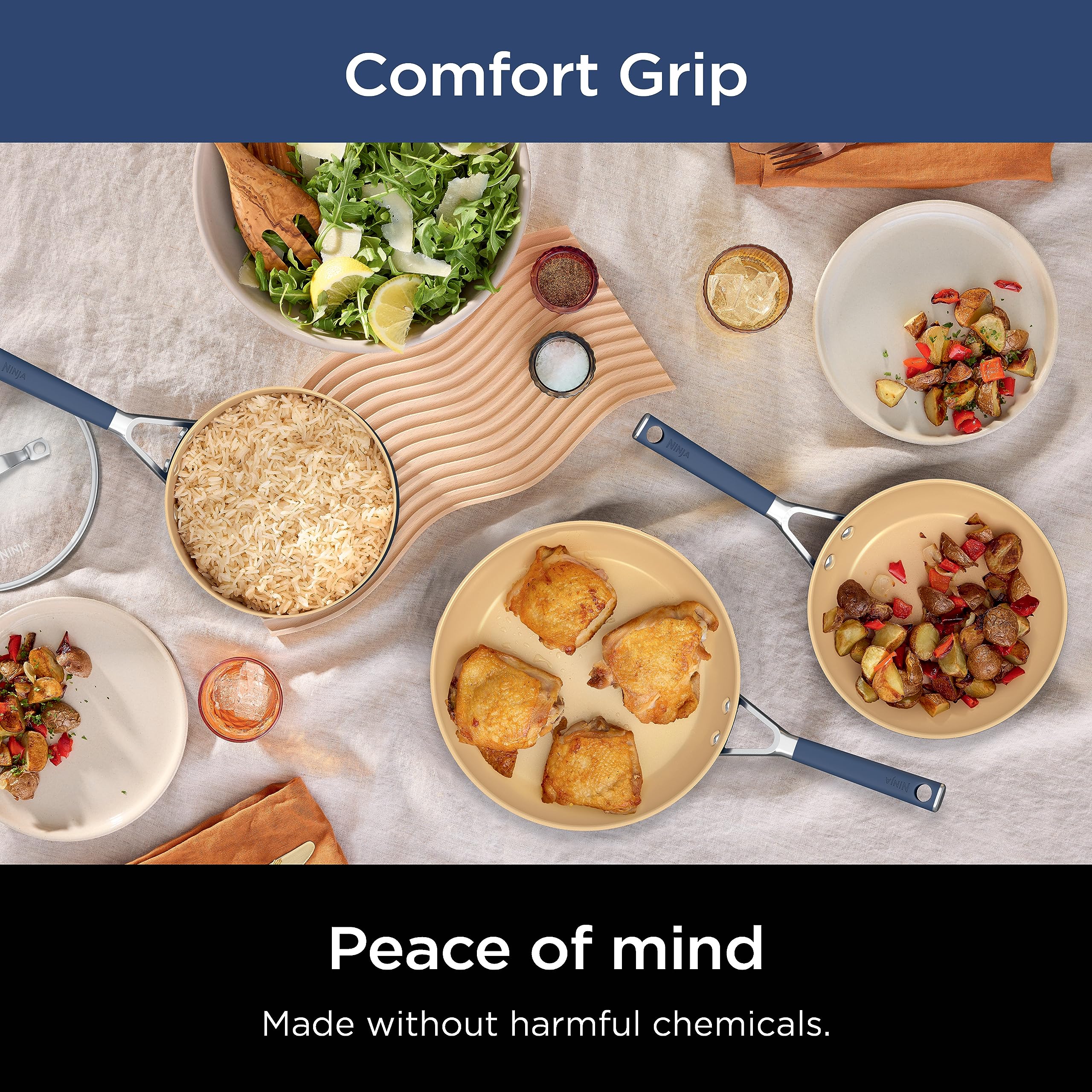 Ninja Ceramic Nonstick Cookware Set - 11-Piece PTFE-Free Kitchen Pots & Pans with Comfort Grip, Oven & Dishwasher Safe, Stovetop Compatible (Navy Blue, CW49011) - Perfect for Healthy Cooking, Frying, Boiling & Baking