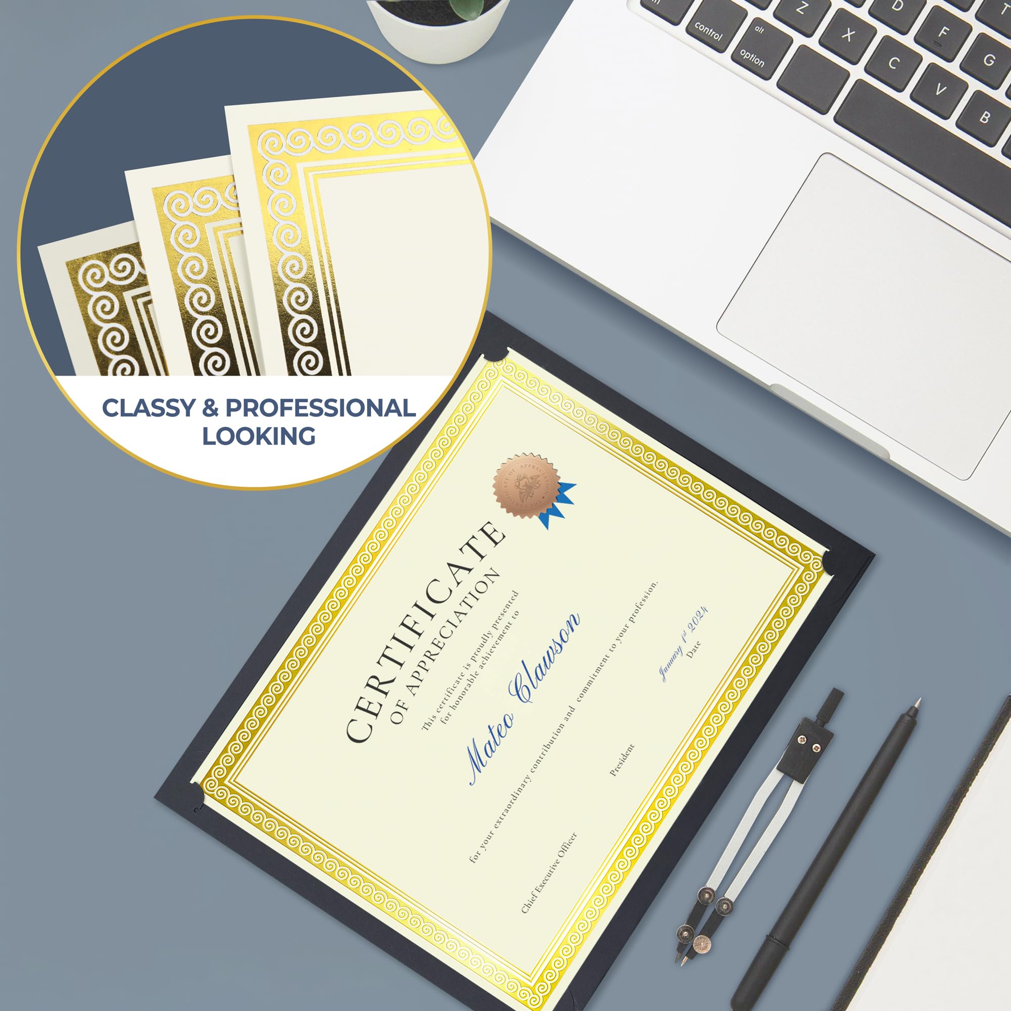 Premium SUNEE 100 Sheets Certificate Paper with Gold Foil Border - 8.5x11 Ivory Cardstock for Diplomas, Awards & Documents | Inkjet Printer Friendly | Perfect for Graduations, School Ceremonies & Office Recognition Events