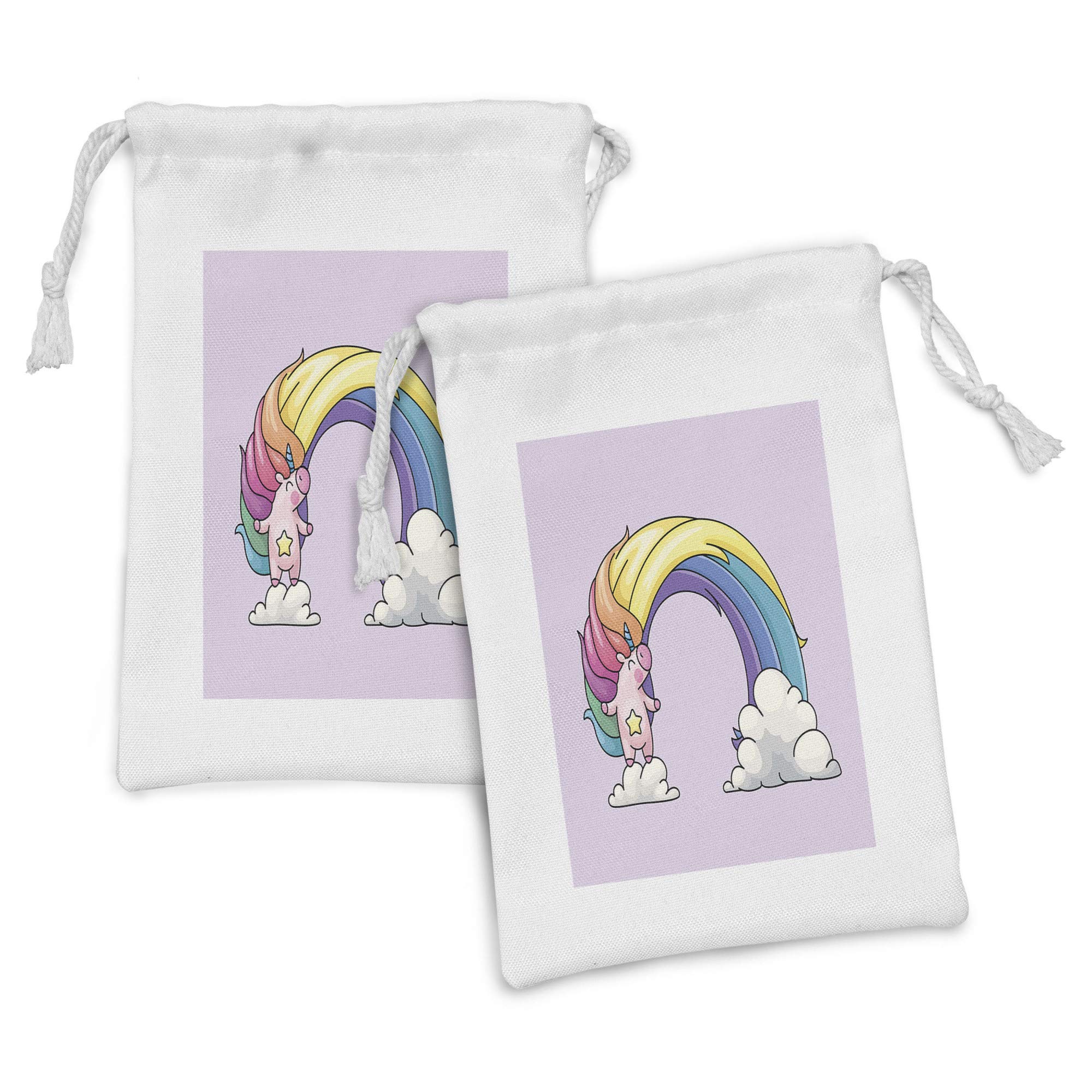 Ambesonne Rainbow Fabric Pouch Set of 2 - Funny Unicorn with Clouds & Colorful Mane Print - Small Drawstring Bag for Toiletries, Masks, Jewelry & Party Favors (9