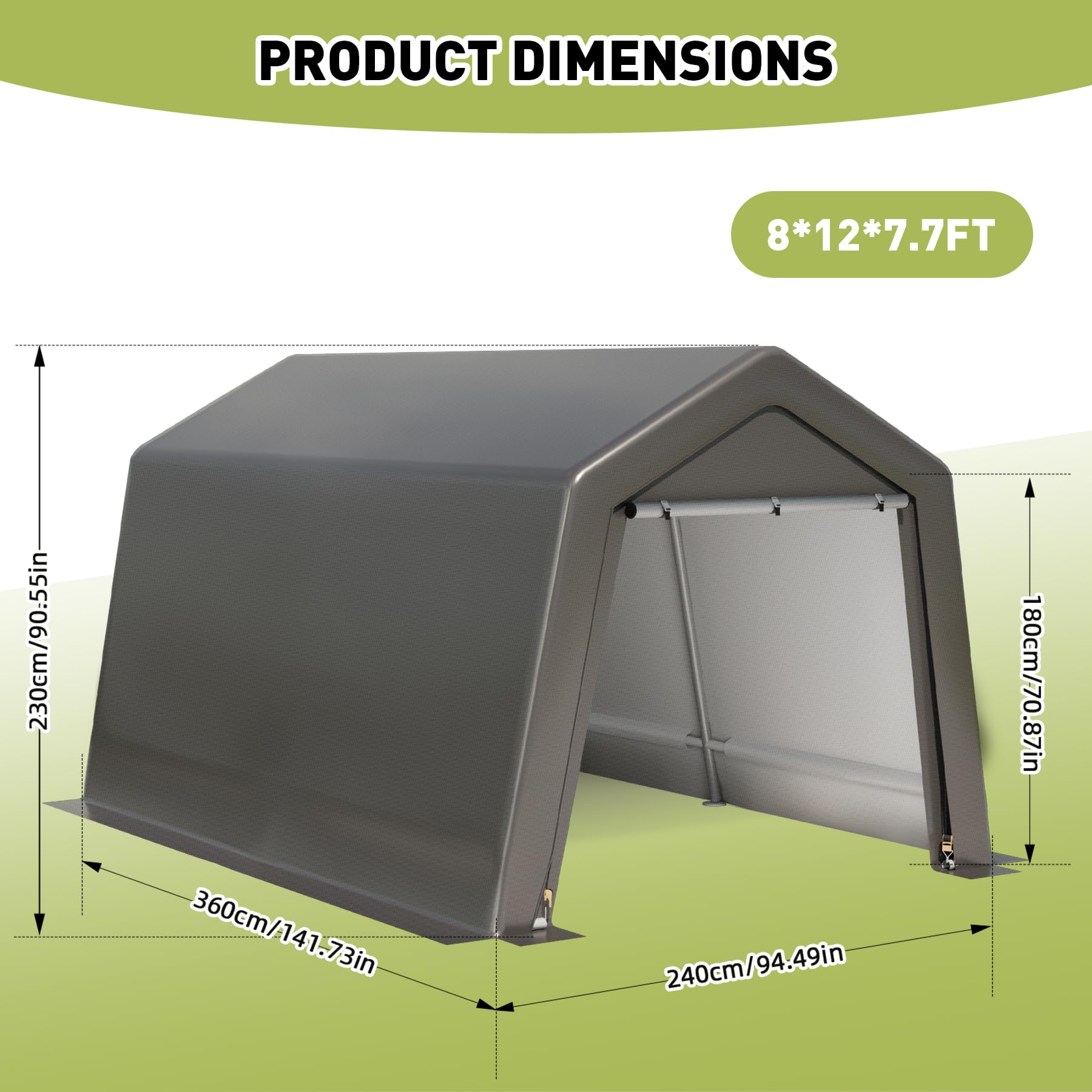 8x12FT Waterproof Outdoor Storage Shed - UV Resistant Portable Garage with Roll-up Zipper Doors for Motorcycle, Bike & Garden Tools - Perfect for Backyard, Patio & RV Storage (Grey)