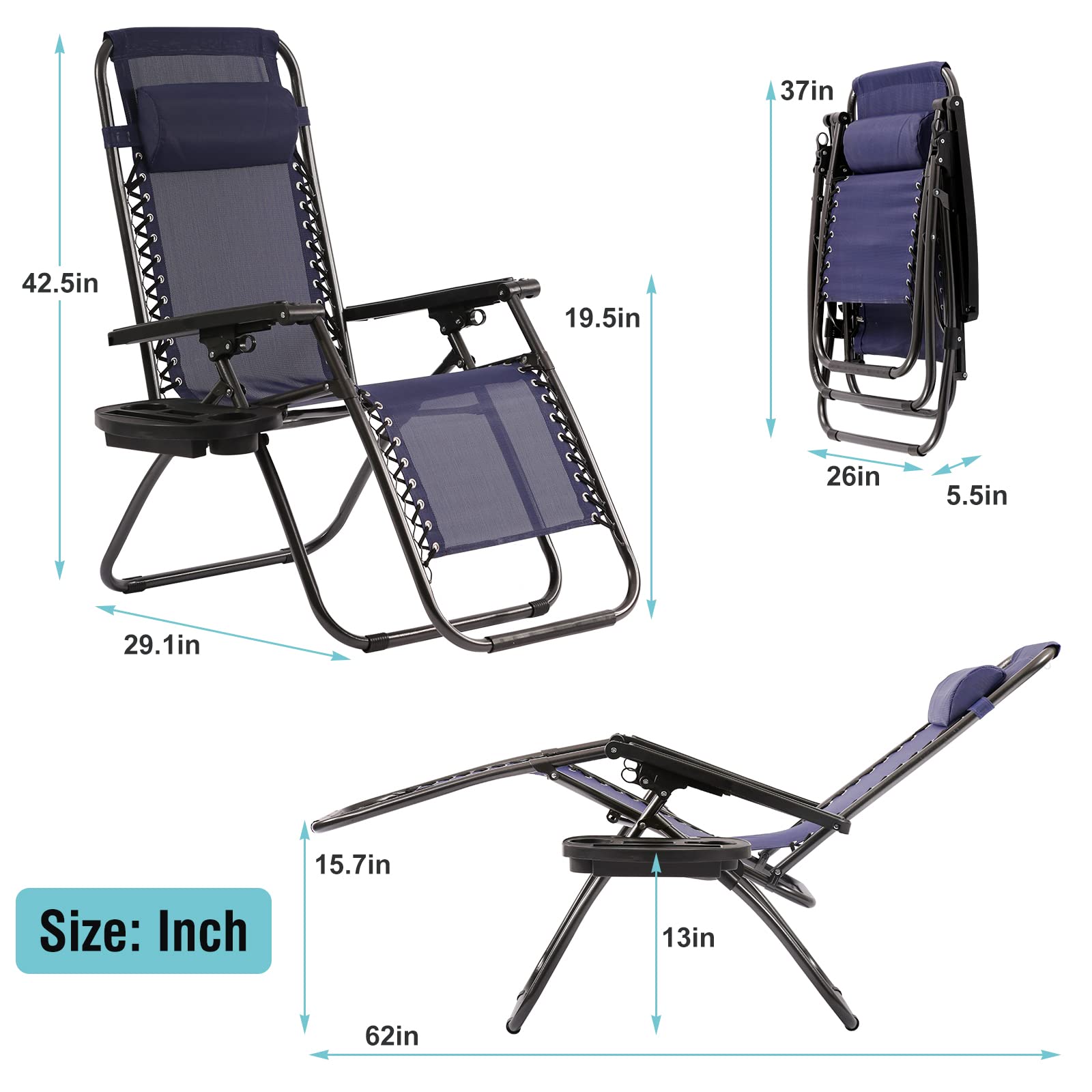 Premium Zero Gravity Lounge Chair Set of 2 - Adjustable Outdoor Recliners with Pillow & Utility Tray - Patio, Poolside, Beach, Camping & Deck Chairs - Perfect for Relaxing, Sunbathing & Backyard Lounging (Blue)