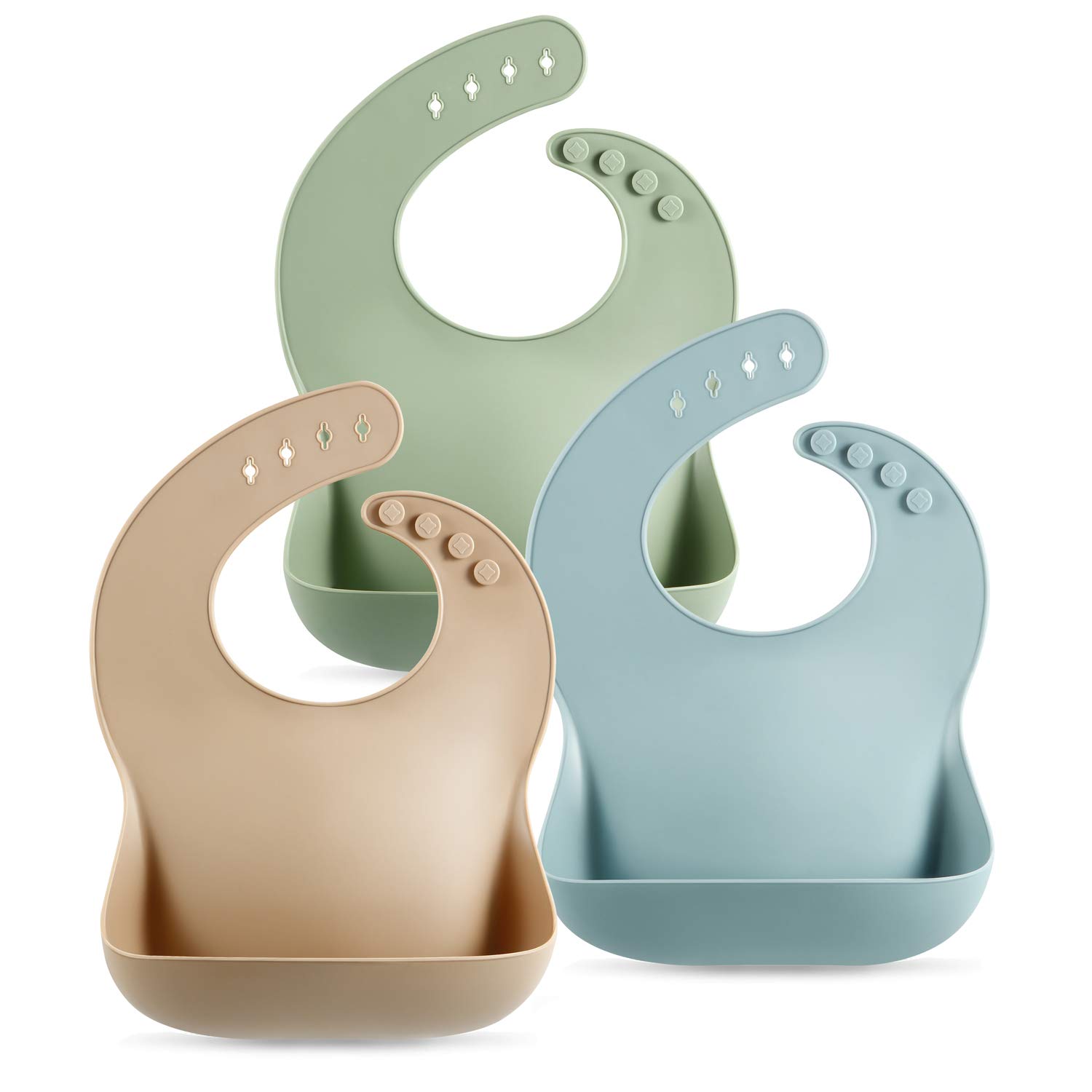 PandaEar 3 Pack Waterproof Silicone Baby Bibs for Boys & Girls 10-72 Months - Soft, Durable & Easy to Clean Feeding Bib Set (Brown, Blue, Green) - Perfect for Mealtime, Snacks & Messy Play