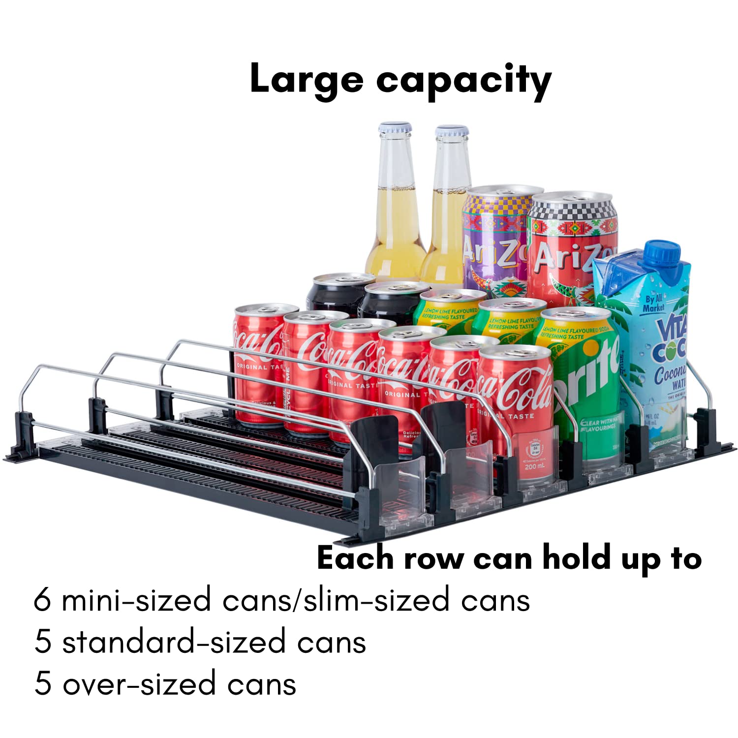 Baraiser Large Capacity Self-Pushing Drink Dispenser - Adjustable Fridge & Pantry Organizer with 5 Rows, Black | Perfect for Soda Cans, Beer Bottles & Beverage Storage in Home, Office or Party Use
