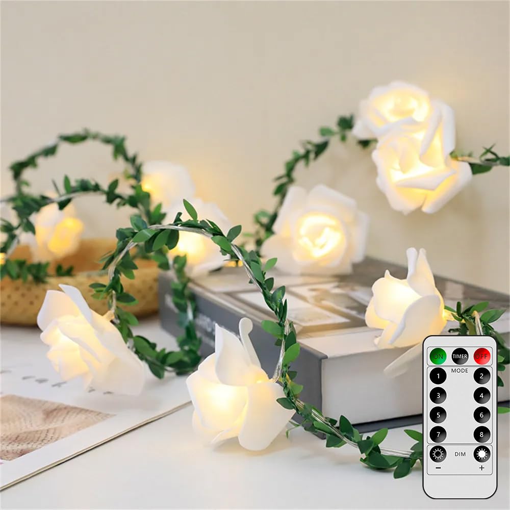 VIPMOON 10Ft Rose Vine Fairy String Lights - Battery Powered with Remote Control & 8 Lighting Modes, Warm White Indoor/Outdoor Decorative Lights for Wedding, Birthday Party, Mother's Day, Garden, Bedroom, Patio Decor