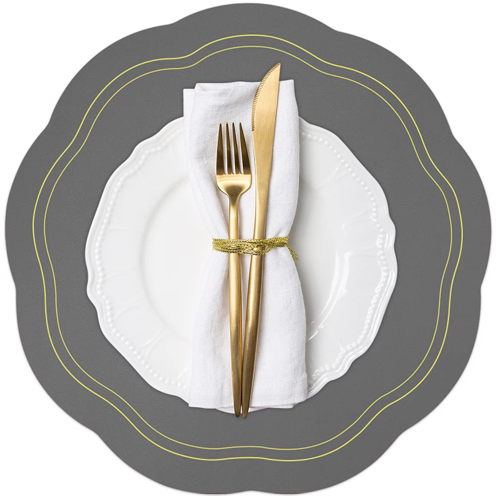 Premium Grey Faux Leather Placemats Set of 4 - Round Washable Table Mats for Indoor Dining & Outdoor Patio Use - Perfect for Thanksgiving, Christmas, 4th of July Parties & Home Decor - Ideal for Everyday Meals, Holiday Gatherings and Outdoor Entertaining