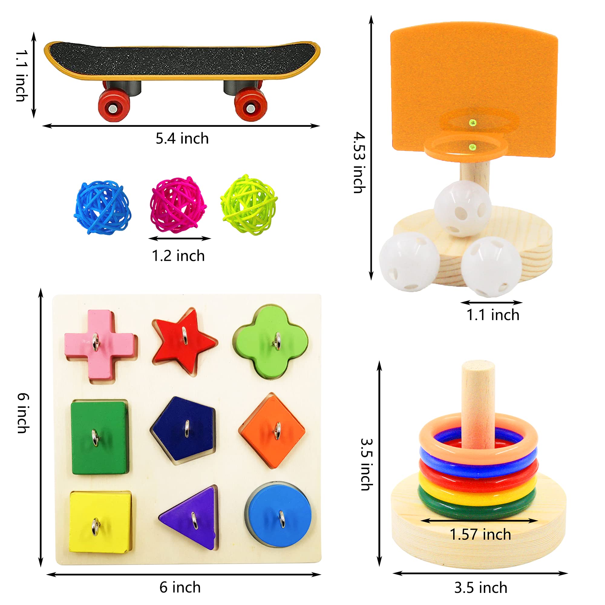 5 Pack Bird Toys for Parrots - Wooden Block Puzzles, Basketball, Sepak Takraw, Skateboard & Stacking Toys | Interactive Training & Enrichment Activities for Small Birds | Perfect for Playtime, Exercise & Mental Stimulation