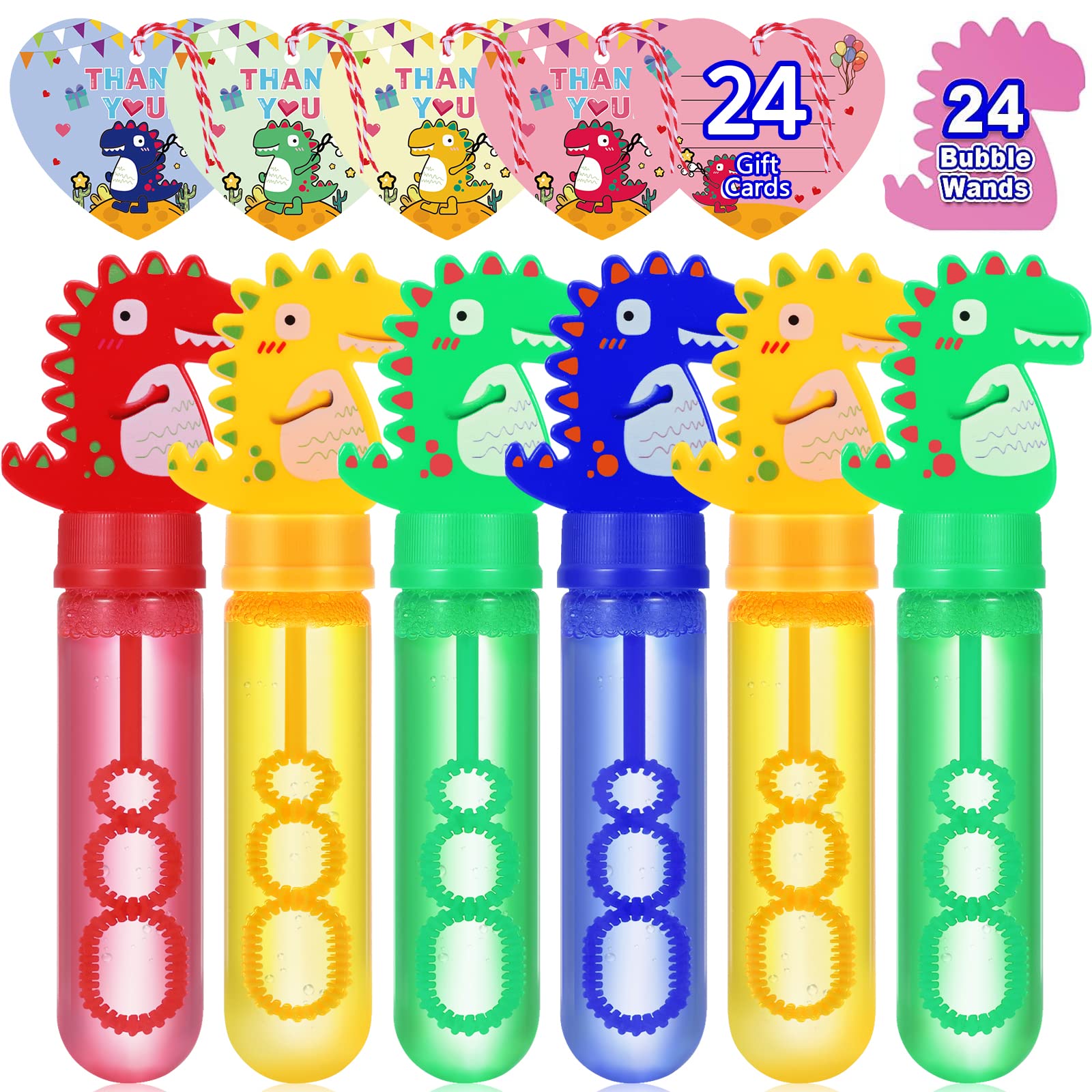 24Pcs Dinosaur Bubble Wands - Fun Outdoor Bubble Blowing Toys for Kids, Dinosaur Birthday Party Favors, Goodie Bags Fillers & Prize Box Supplies - Includes 24 Gift Cards - Perfect for Outdoor Play, Birthday Parties, Summer Activities & Kids Events