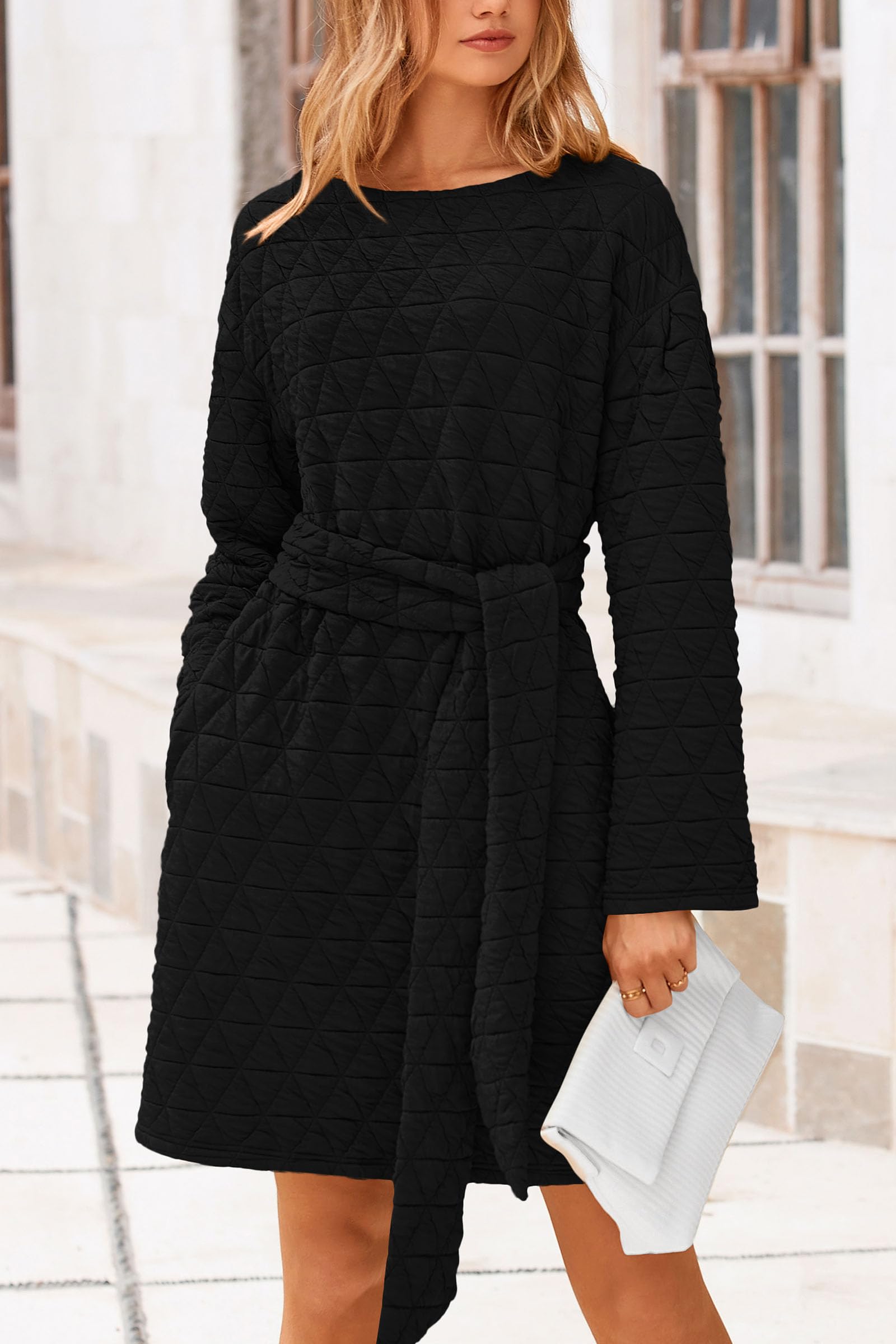 PRETTYGARDEN Women's Long Sleeve Belted Dress with Pockets - Casual Quilted Short Dress for Spring & Fall | Trendy Office Wear & Weekend Outfits