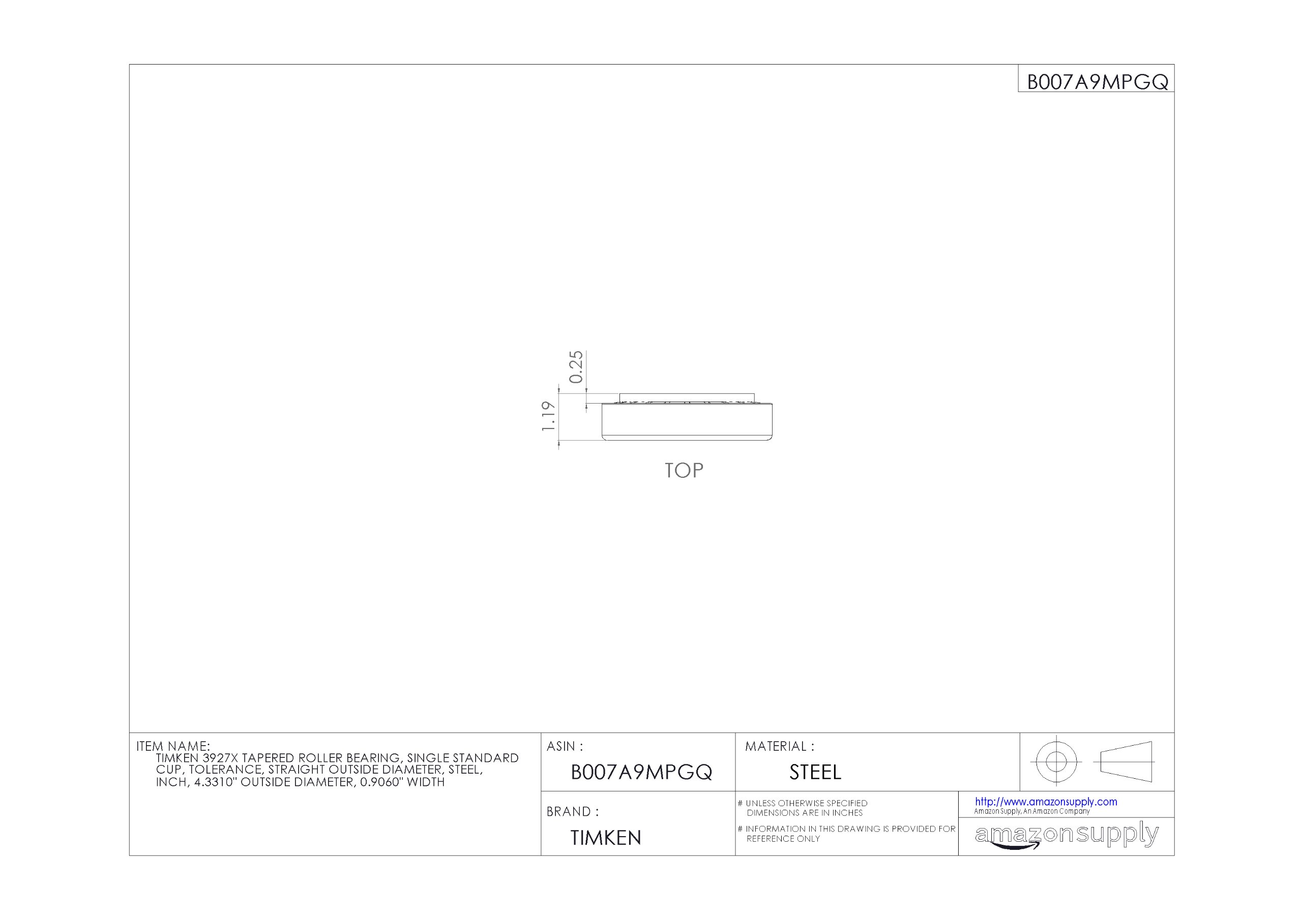 Timken 3927X Tapered Roller Bearing - Single Cup, Standard Tolerance, Steel Construction, 4.3310