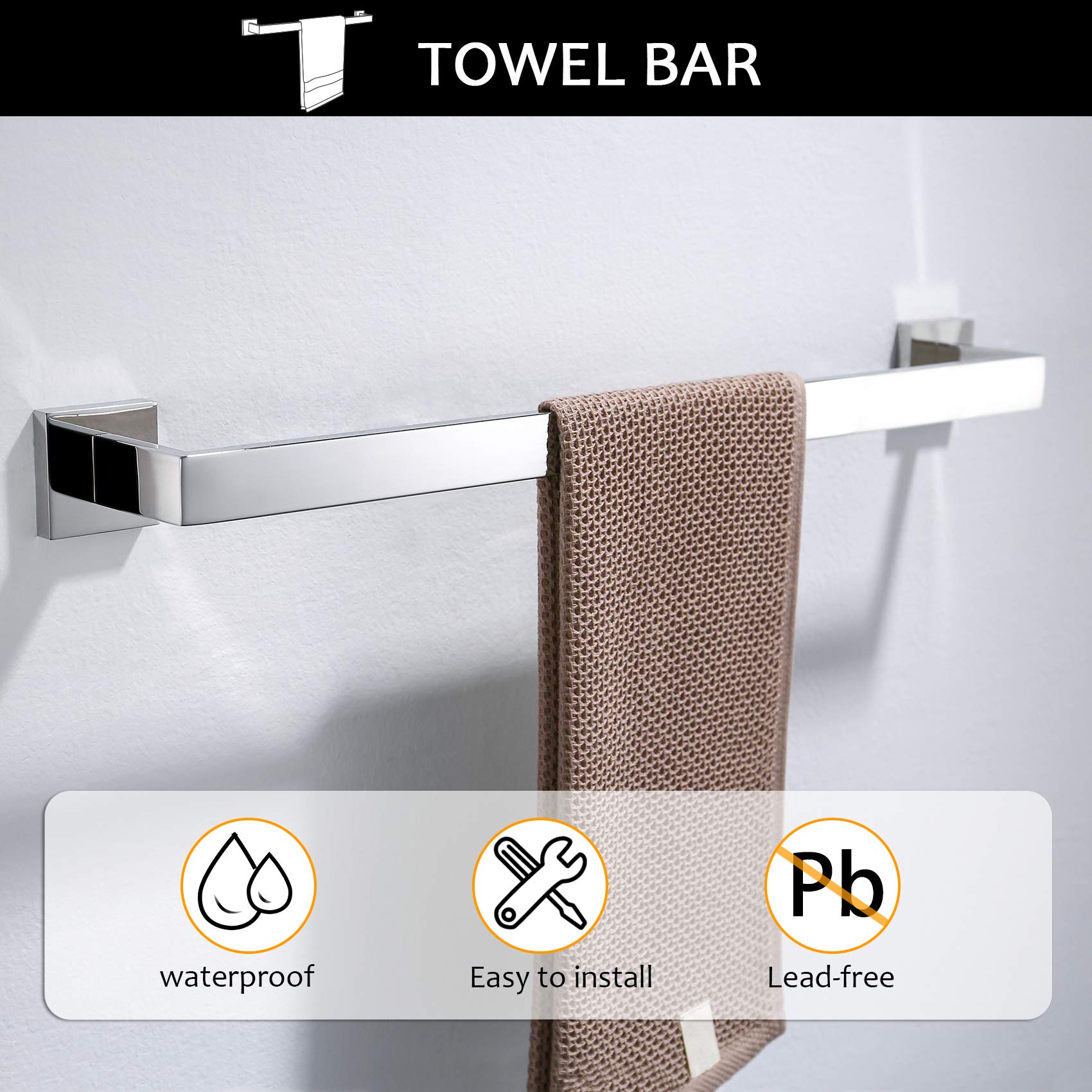 Polished Chrome 5-Piece Bathroom Hardware Set - Stainless Steel Towel Bar, Holder, Toilet Paper Stand & Hooks - Wall Mounted for Modern Bathrooms & Powder Rooms