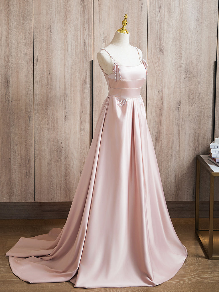 Elegant A-Line Beaded Satin Pink Long Prom Dress for Women - Formal Evening Gown for Homecoming, Wedding Guest & Special Occasions