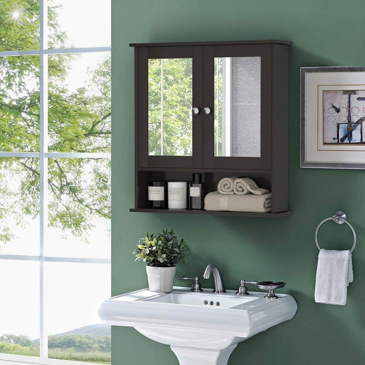 Wooden Mirror Cabinet for Bathroom - Double Door Wall Mounted Storage Organizer with Adjustable Shelves, 22 x 5 x 23 Inches, Brown - Perfect for Small Bathrooms & Vanity Organization