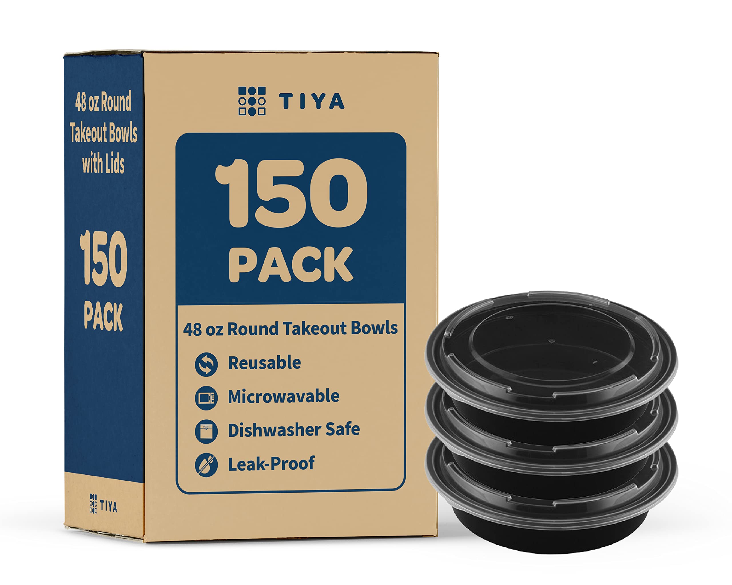 TIYA 48 oz Takeout Food Containers with Lids - Bulk 150 Pack Reusable Plastic Storage Bowls - Microwave & Dishwasher Safe, Leak-Proof for Meal Prep, Picnics, Parties & Leftovers - BPA-Free Round To-Go Containers