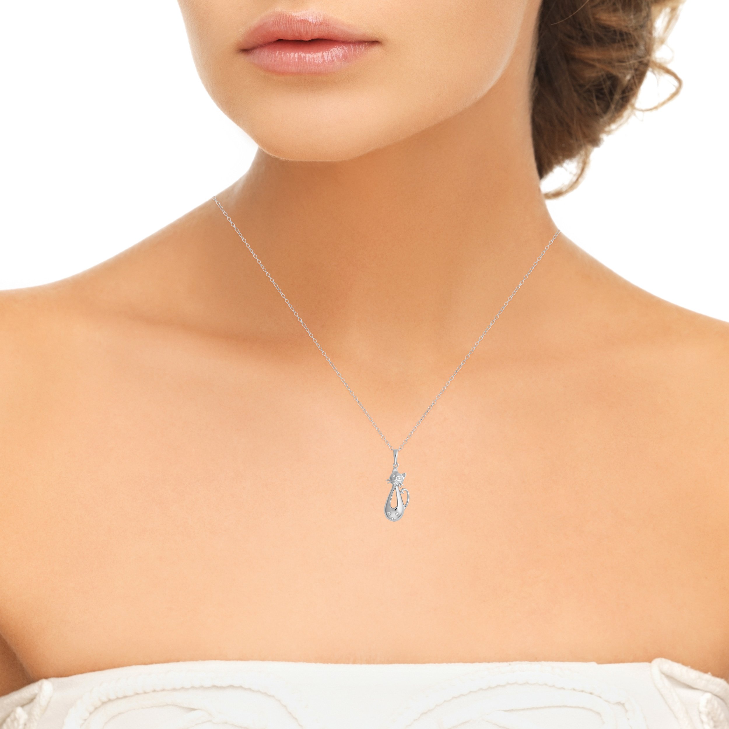 Kooljewelry Sterling Silver Diamond-Accent Cat Pendant Necklace - 18 Inch Chain for Women, Elegant Jewelry Gift for Cat Lovers, Perfect for Valentine's Day, Birthday & Anniversary