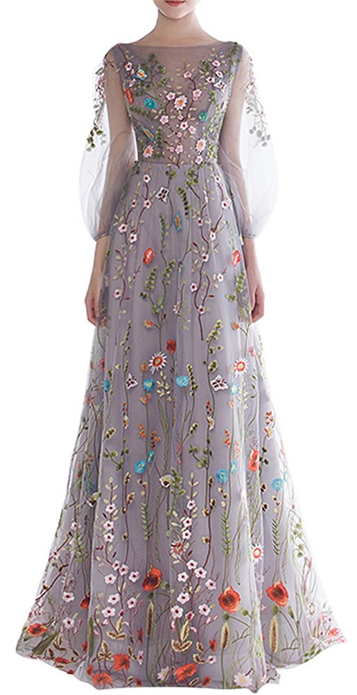 Honeydress Women's Floral Embroidered Long Sleeve Maxi Dress - Elegant Prom Gown in Multicolor | Perfect for Weddings, Parties & Special Occasions