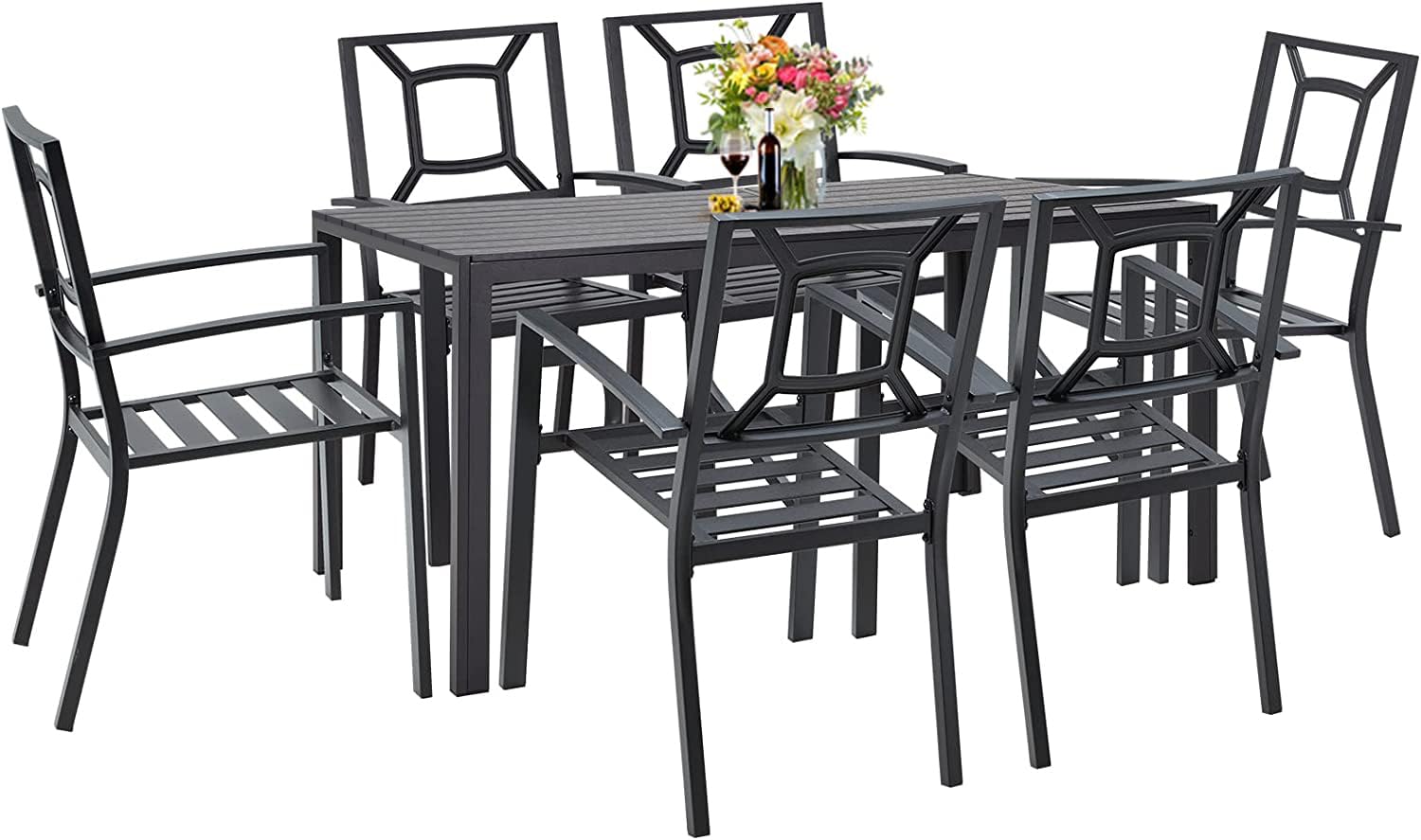 AECOJOY 7-Piece Outdoor Dining Set - Durable Aluminum Patio Table & 6 Stackable Metal Chairs for Garden, Backyard, Deck - Weather-Resistant Matte Black - Perfect for BBQs, Poolside Gatherings & Outdoor Entertaining