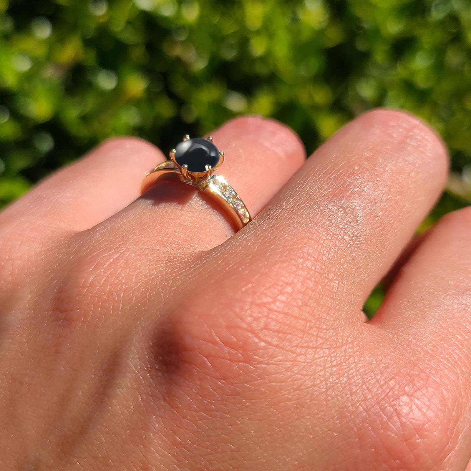 14K Yellow Gold Round Natural Black Onyx Cathedral Ring for Women - Elegant Gothic Jewelry for Weddings, Parties & Special Occasions