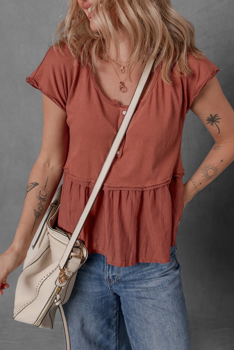 Women's Chestnut Short Sleeve Button Down Ruffle Blouse with U-Neck - Casual Office Wear & Spring Summer Fashion Top