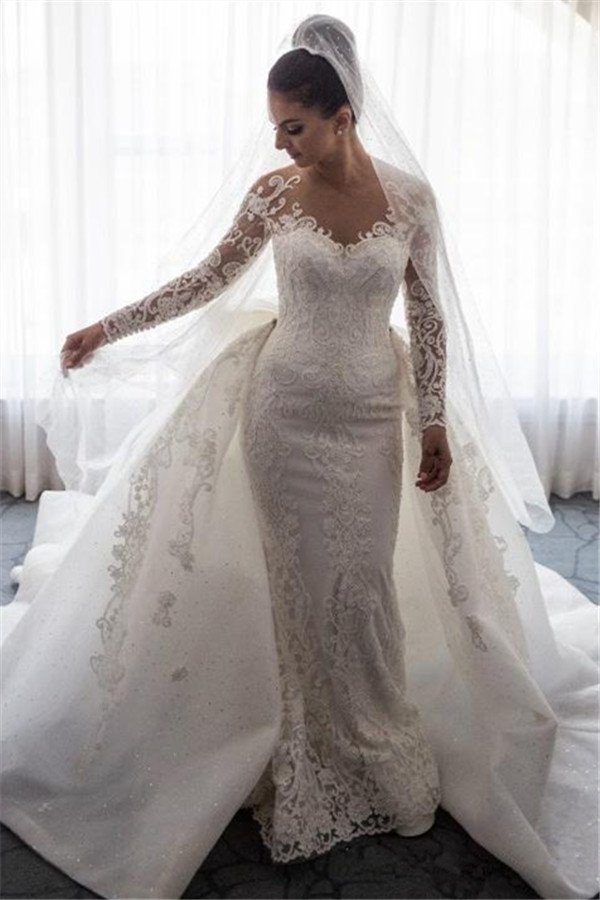 Elegant Mermaid Lace Wedding Dress with Detachable Bowknot Overskirt & Sleeves – Perfect for Bridal Ceremonies, Vow Renewals, and Formal Evening Events