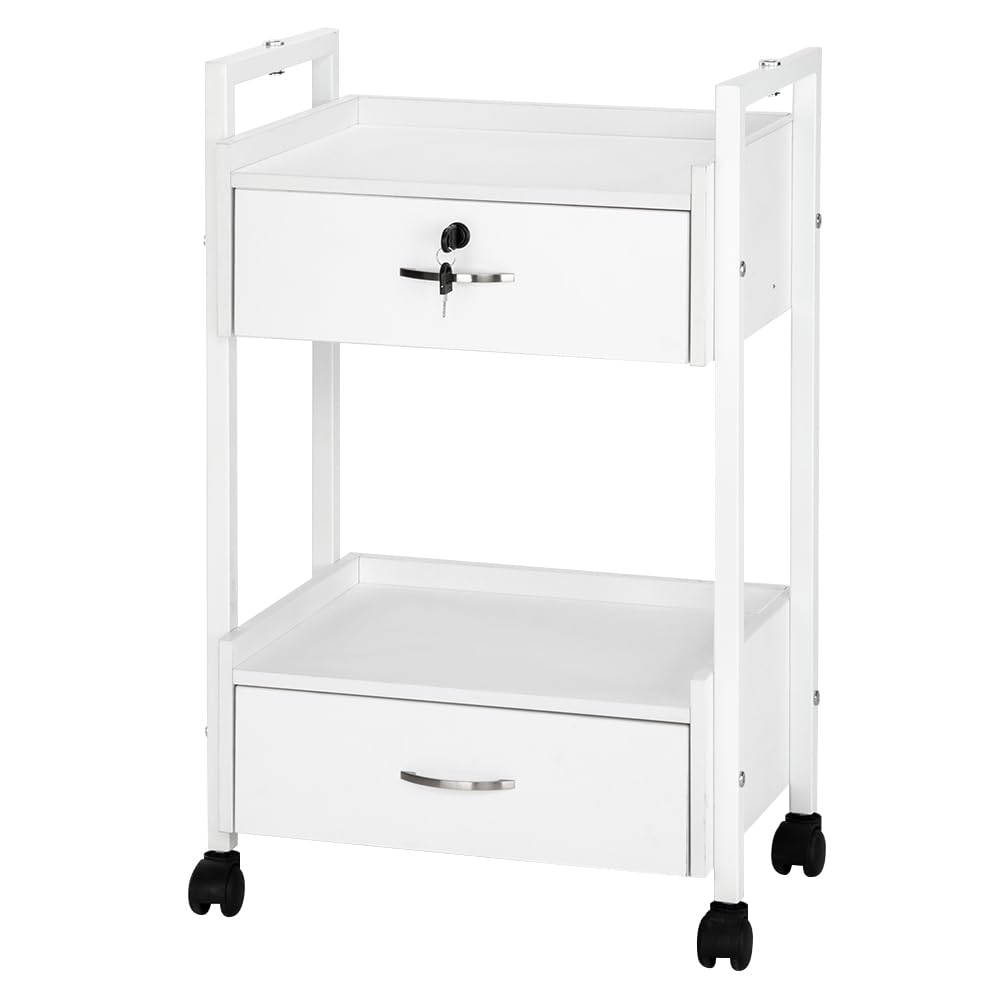 Professional Salon Trolley Cart for Beauty SPA & Massage - White Wooden Rolling Storage Cabinet with 2 Drawers (1 Lockable) - Mobile Utility Station for Estheticians, Tattoo Artists & Medical Supplies - Perfect for Facial Treatments, Waxing & Nail Services