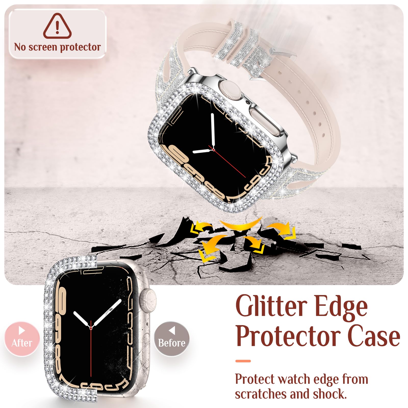 Goton Bling Band Case Compatible with Apple Watch Series 10/9/8/7/SE/6/5/4/3/2 - 46mm 45mm 44mm 42mm 41mm 40mm 38mm - Women's Glitter Rhinestone Silicone Strap with Bumper Cover - Perfect for Workouts, Parties & Everyday Fashion Accessory