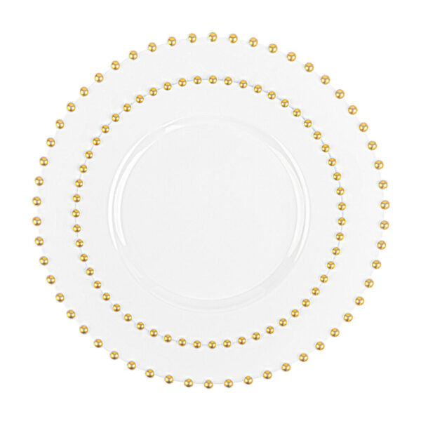 32-Pack White and Gold Round Plastic Dinnerware Set for 16 Guests - Elegant Beaded Design - Perfect for Weddings, Parties, and Special Events